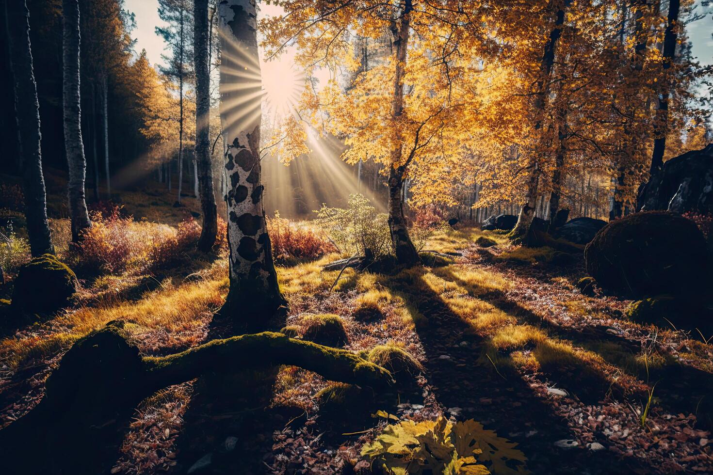 Autumn forest nature. A bright morning in a colorful. Illustration photo
