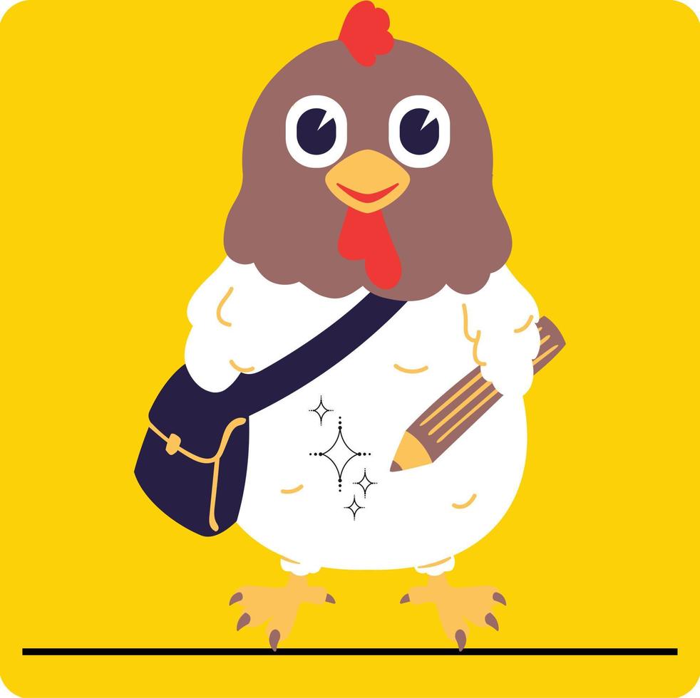 Cartoon A Student Chicken with a bag Vector studying comic character