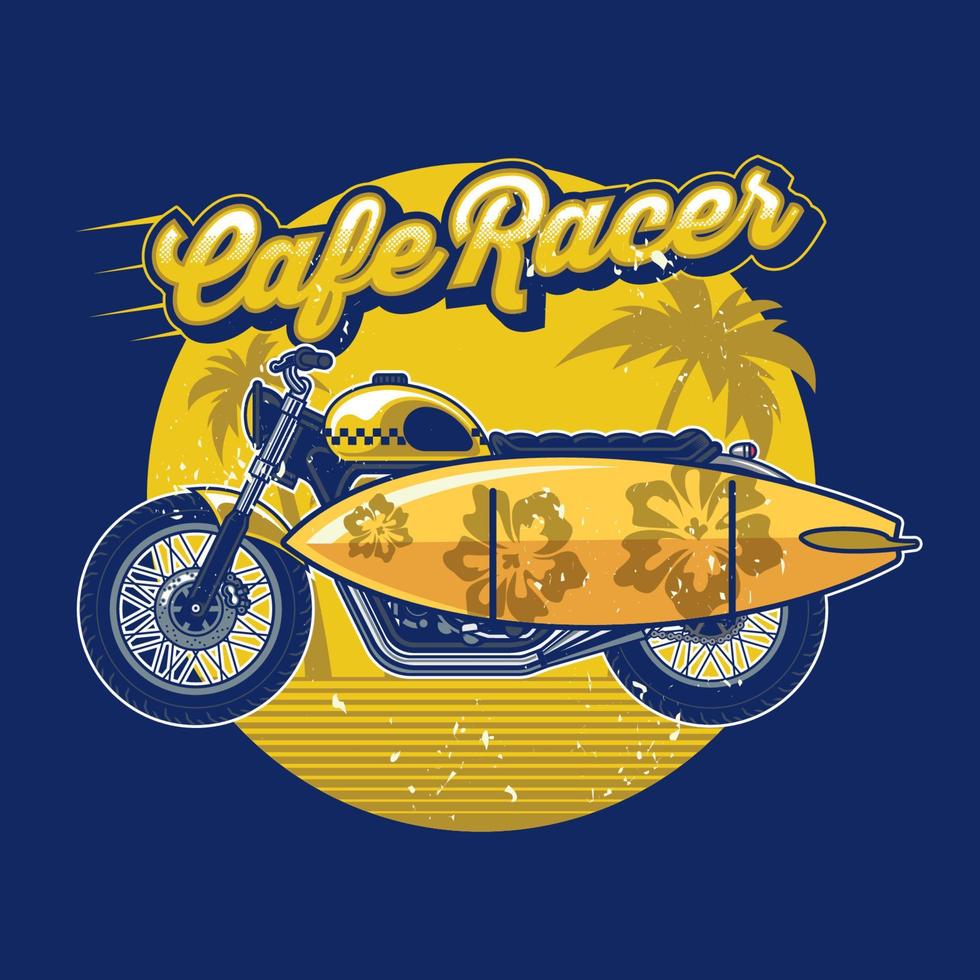 cafe racer with surf board in design summer concept vector