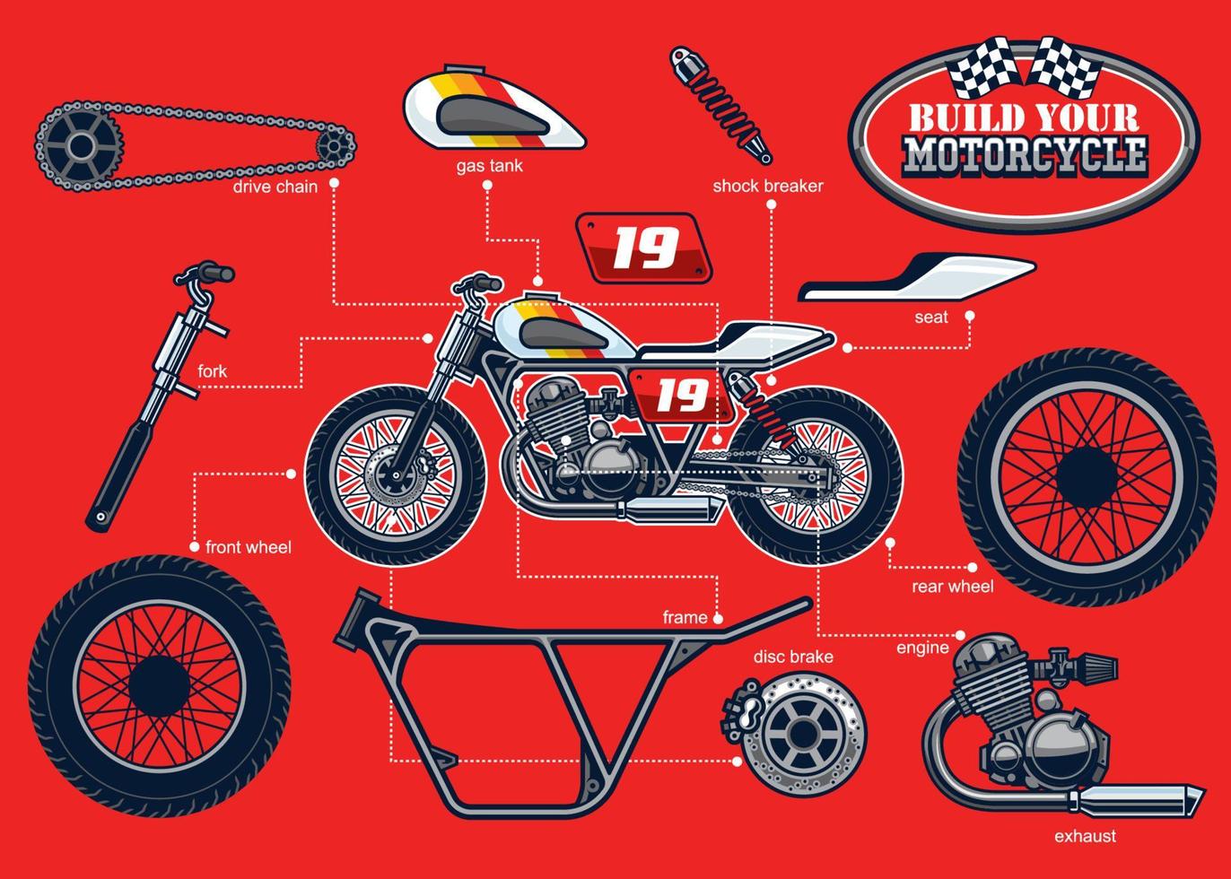 build your racing motorcycle with separated parts vector