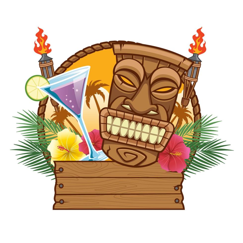 Tiki mask with the blank plank wood sign vector