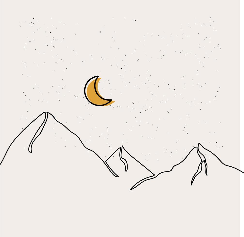 minimalista montaña línea arte, paisaje contorno dibujo, Dom ilustración, vector luna, naturaleza