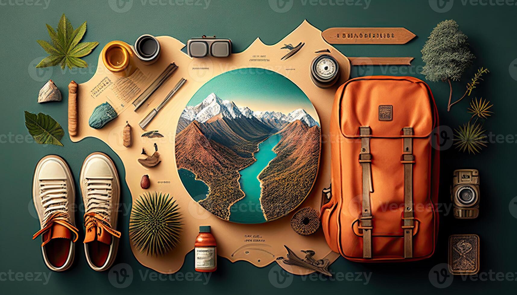 Travel flat lay background, top view on trip accessories, photo