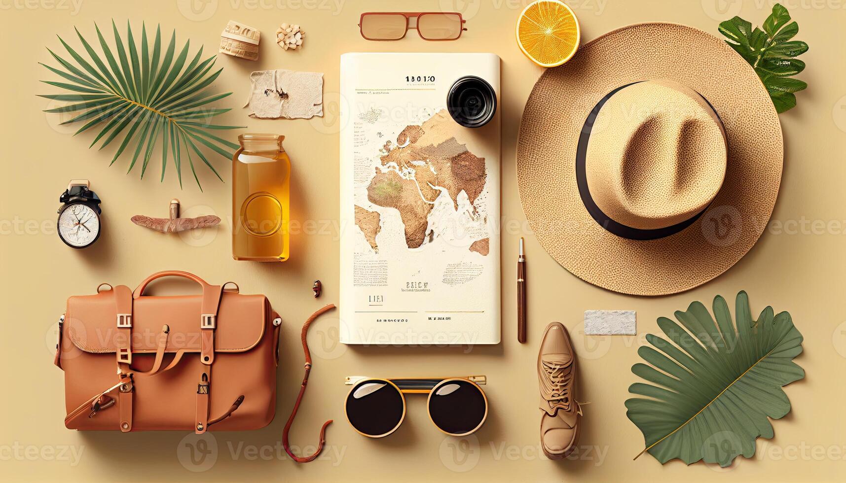 Travel flat lay background, top view on trip accessories, photo