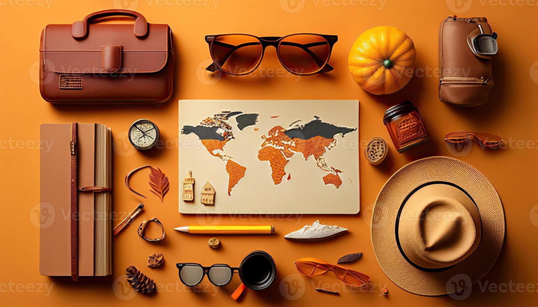 Travel flat lay background, top view on trip accessories, photo