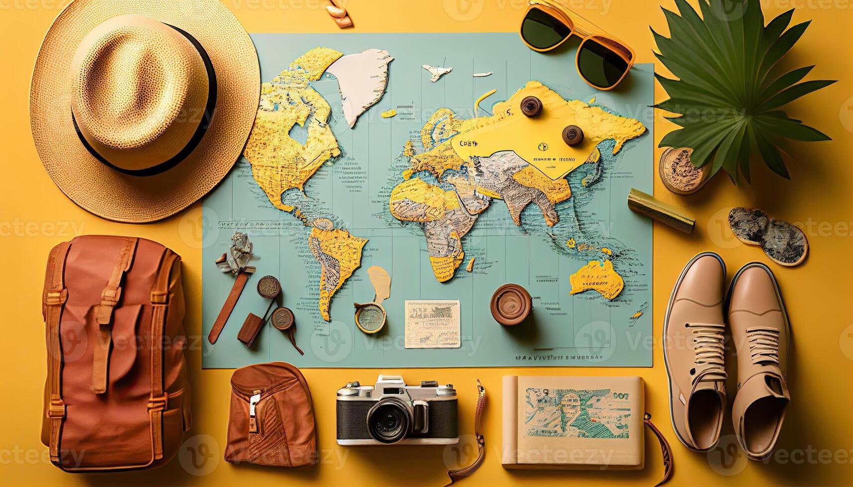 Travel flat lay background, top view on trip accessories, photo