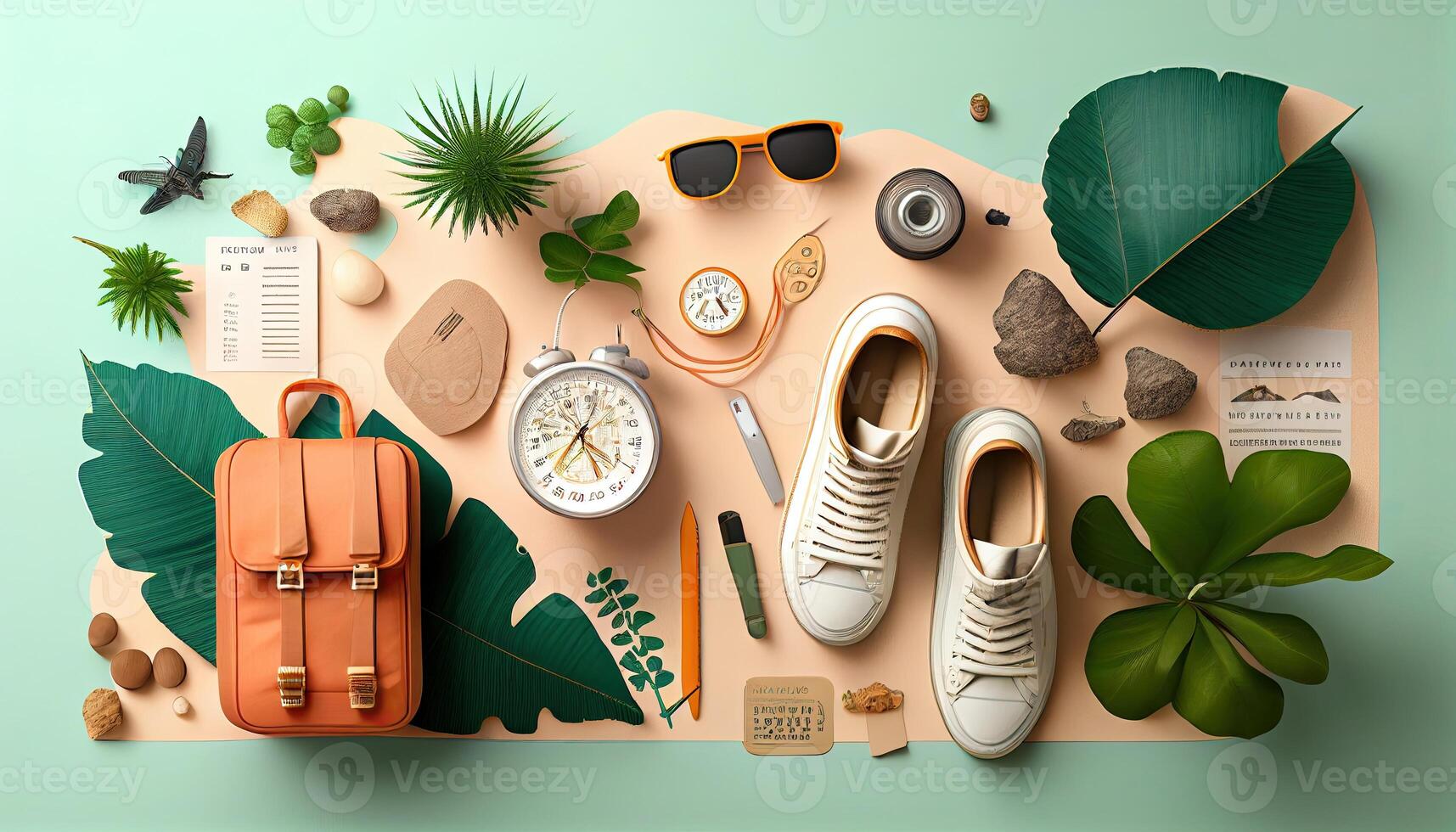 Travel flat lay background, top view on trip accessories, photo