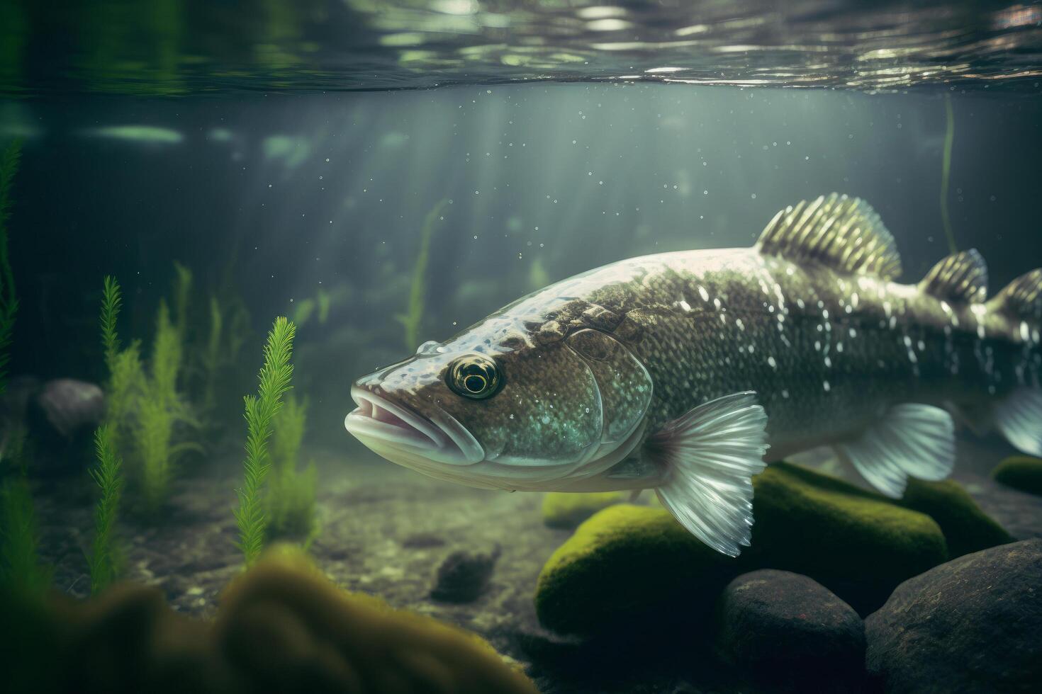 Fishing. Close-up shut of a zander fish under water. Illustration photo