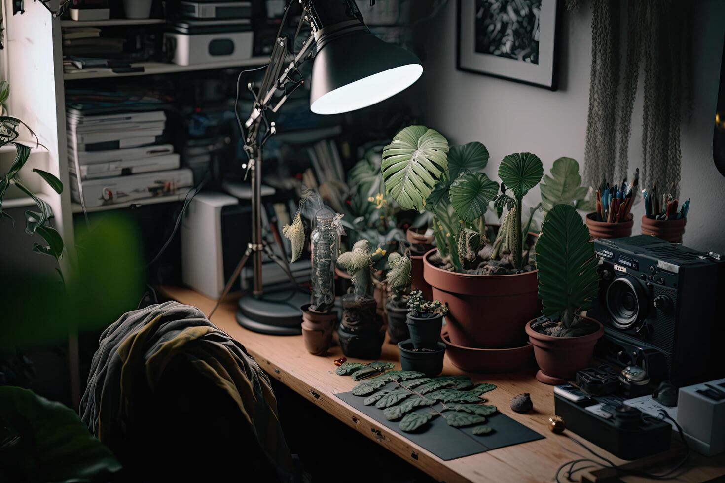 Beatnik artist workspace plants and canvas documentary. Illustration photo