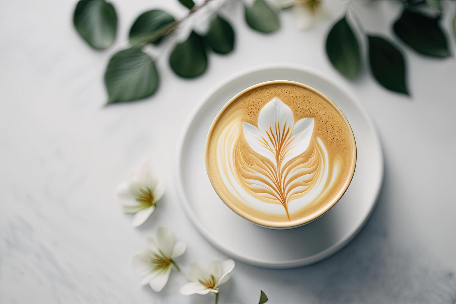 Flat white coffee flower latte art on white table. Illustration photo