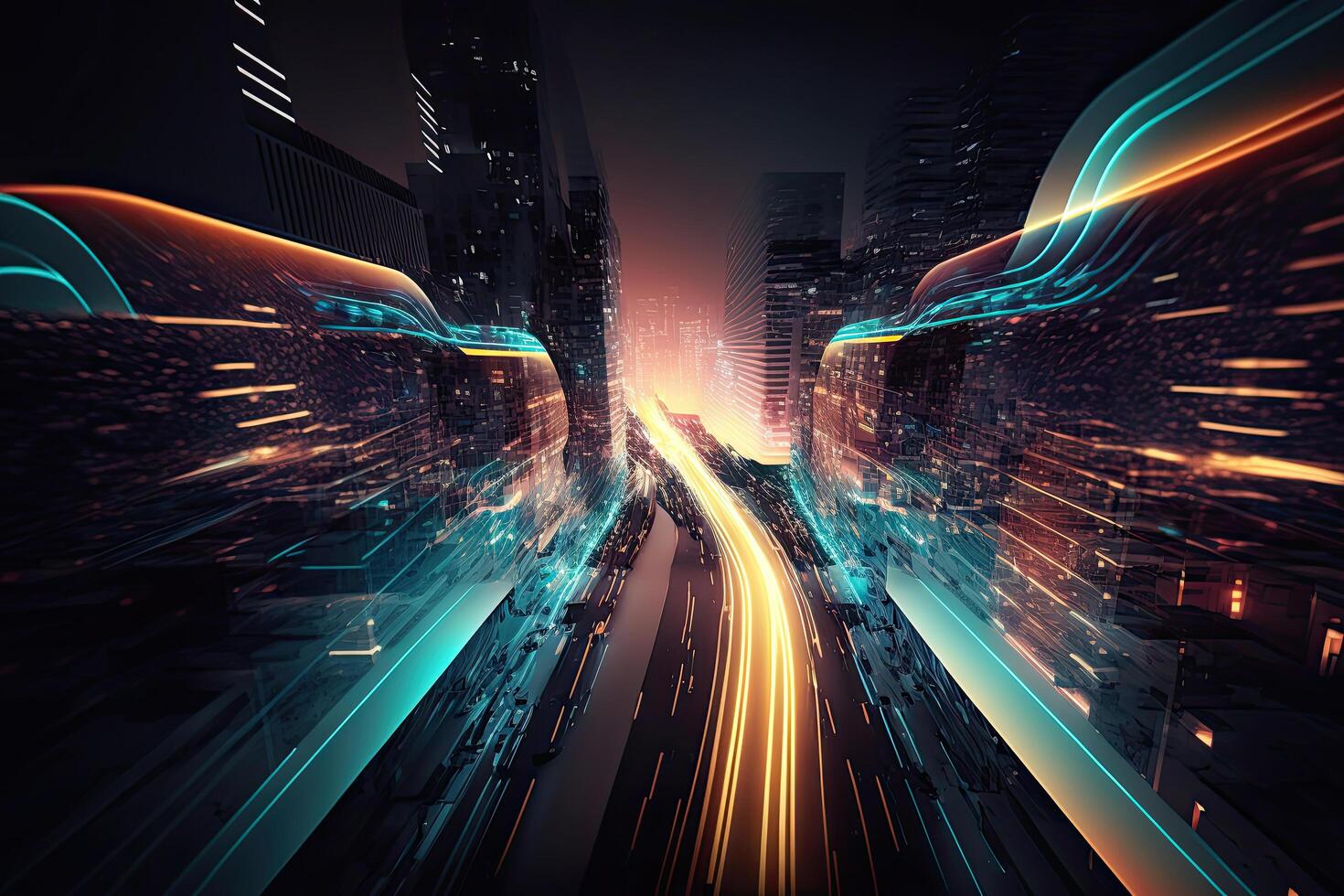 Abstract speed light flow through the city with gradient. Illustration photo