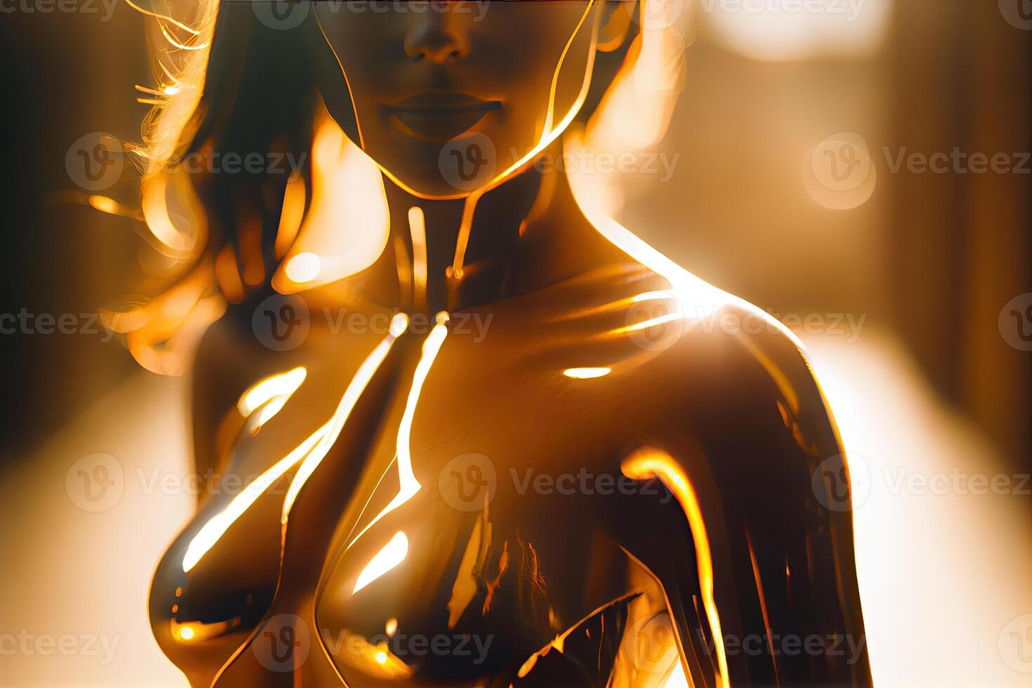 Golden female body, gold armour on woman, shiny light background, photo