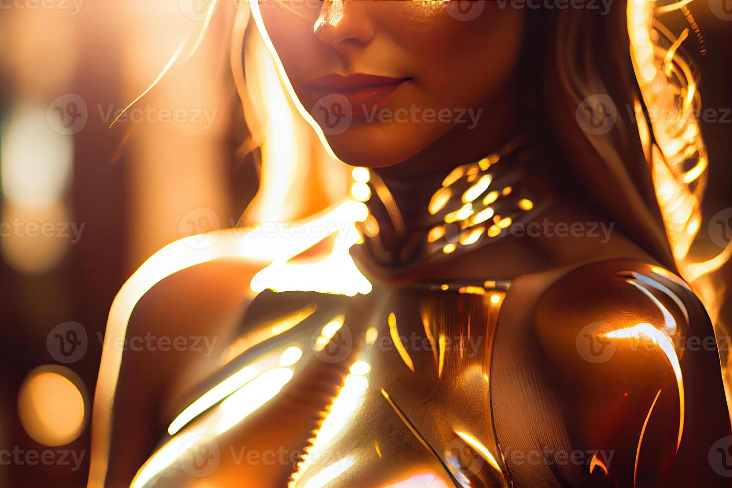 Golden female body, gold armour on woman, shiny light background, photo