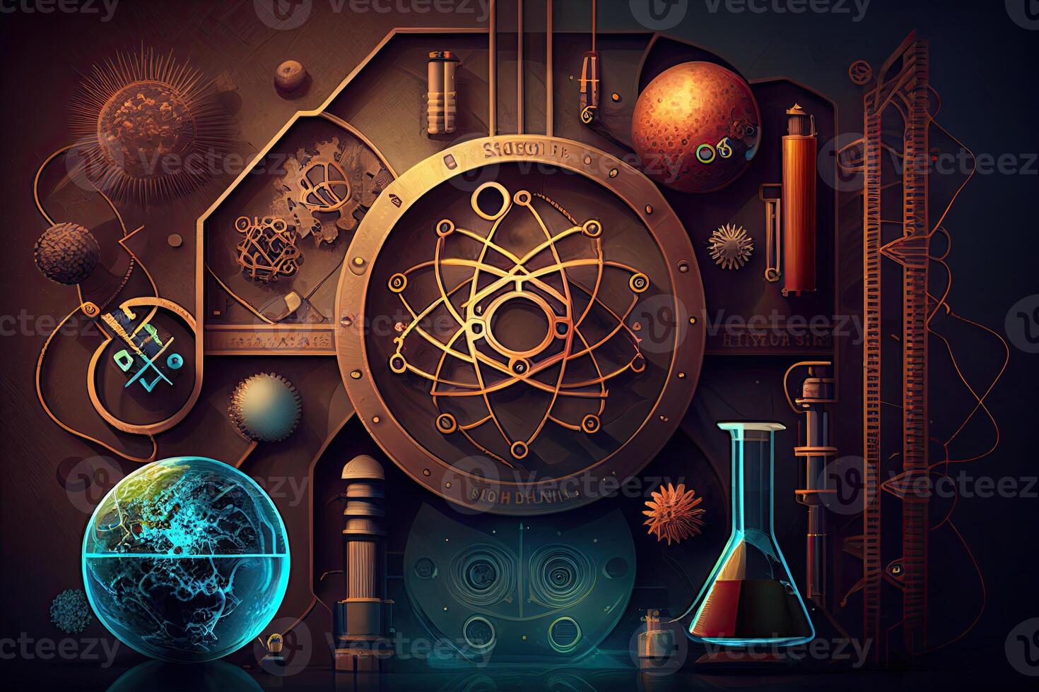 Science background illustration, scientific design. Flasks, glass and chemistry, physics elements. photo