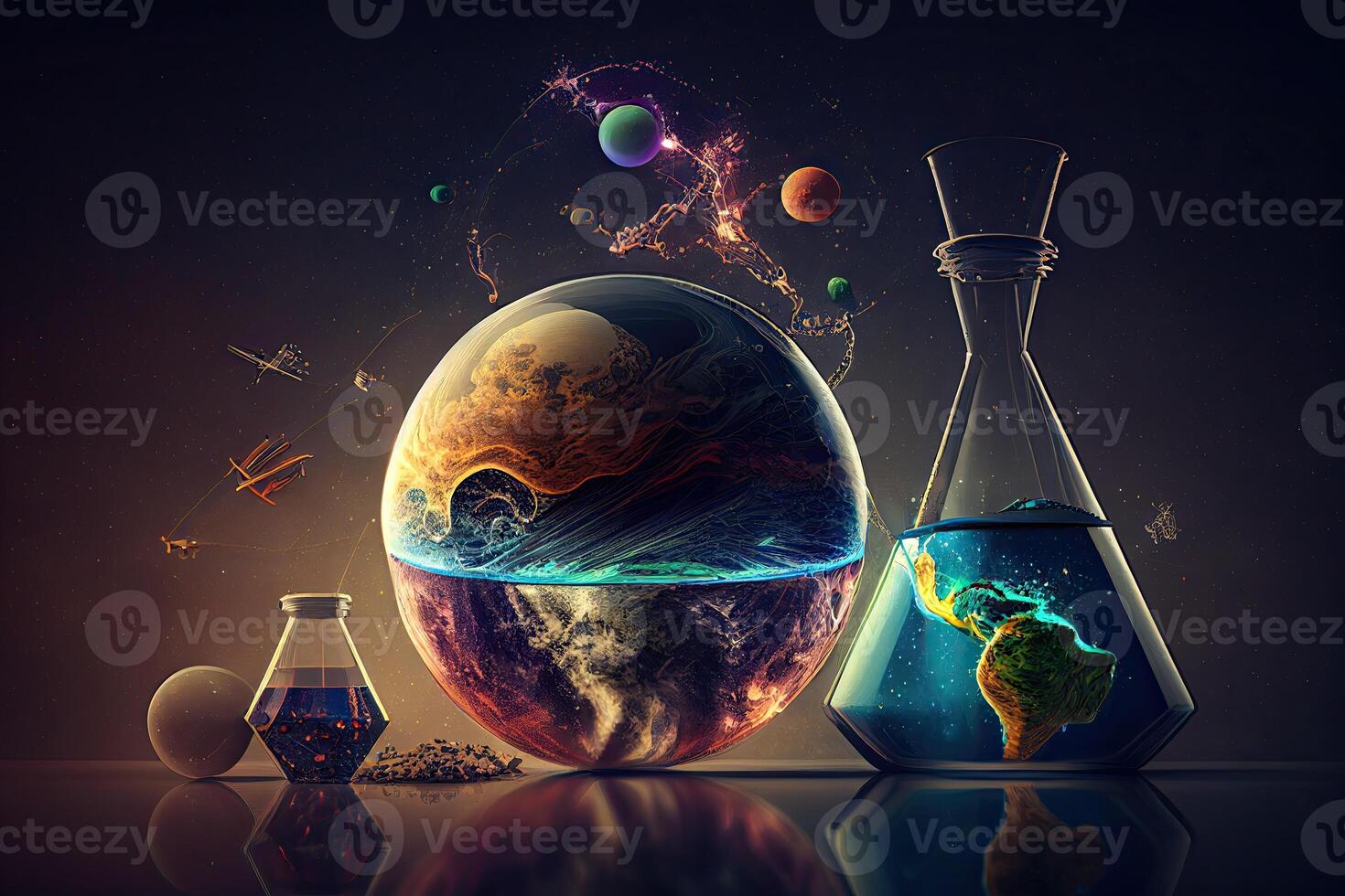 Science background illustration, scientific design. Flasks, glass and chemistry, physics elements. photo