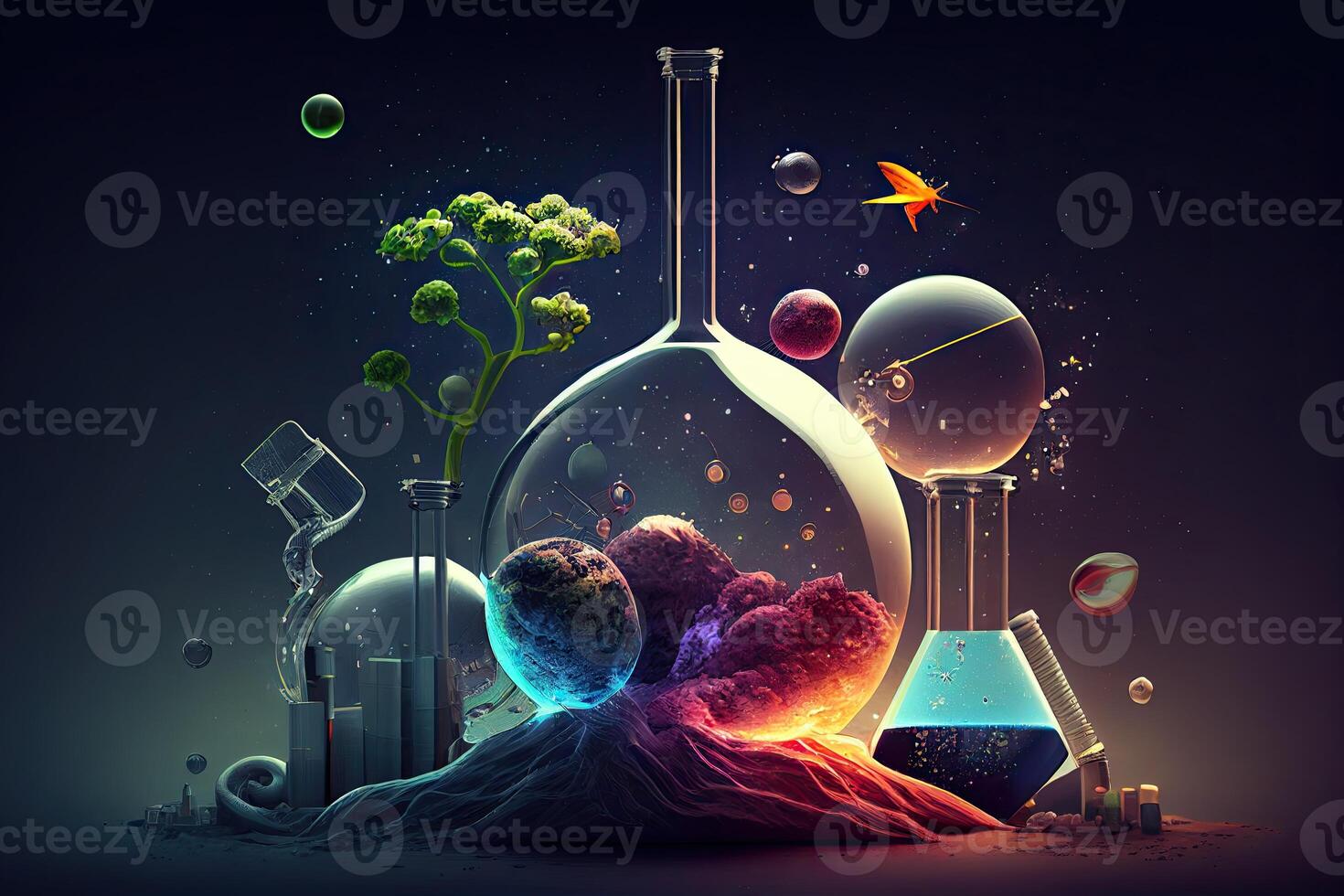 Science background illustration, scientific design. Flasks, glass and chemistry, physics elements. photo