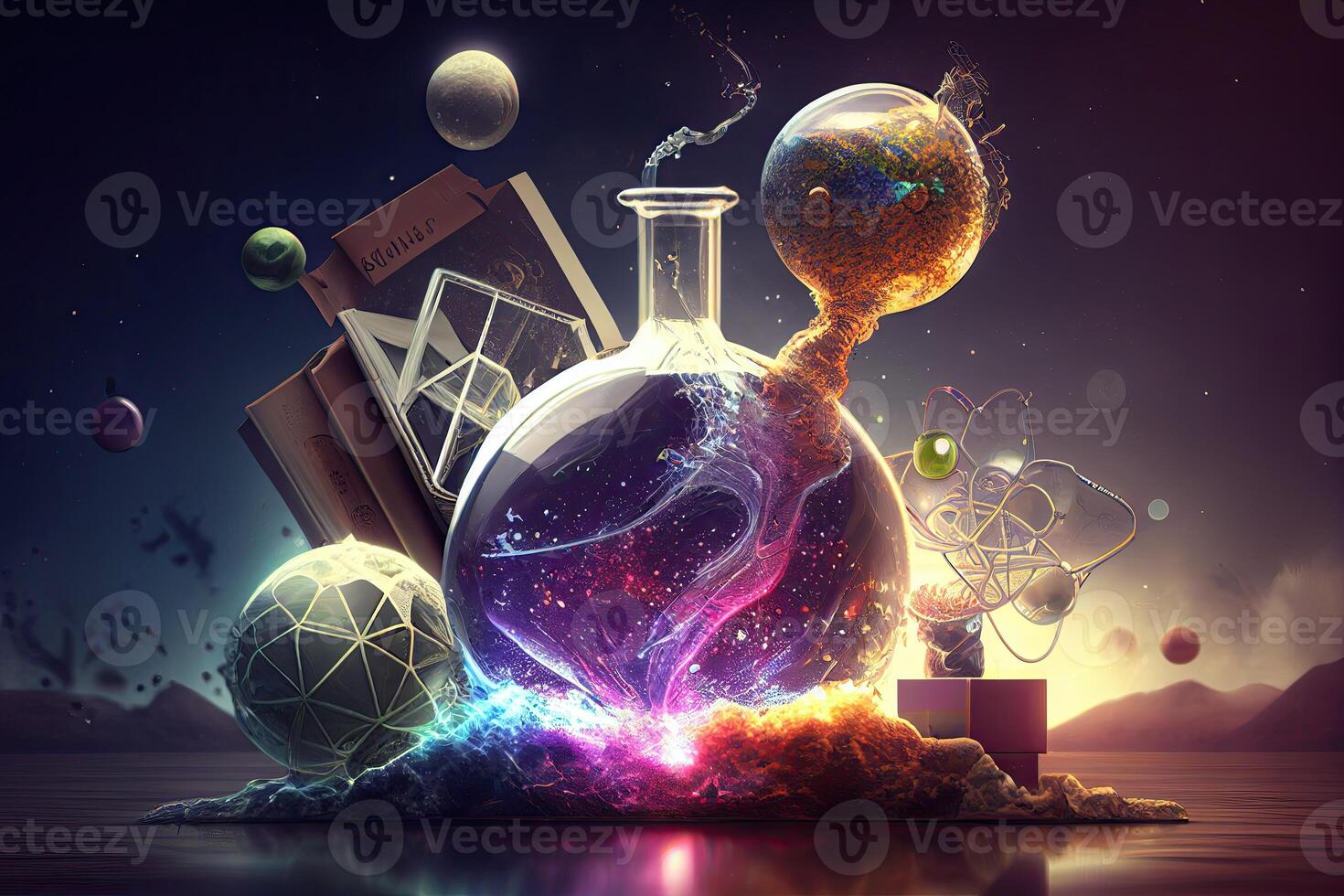 Science background illustration, scientific design. Flasks, glass and chemistry, physics elements. photo