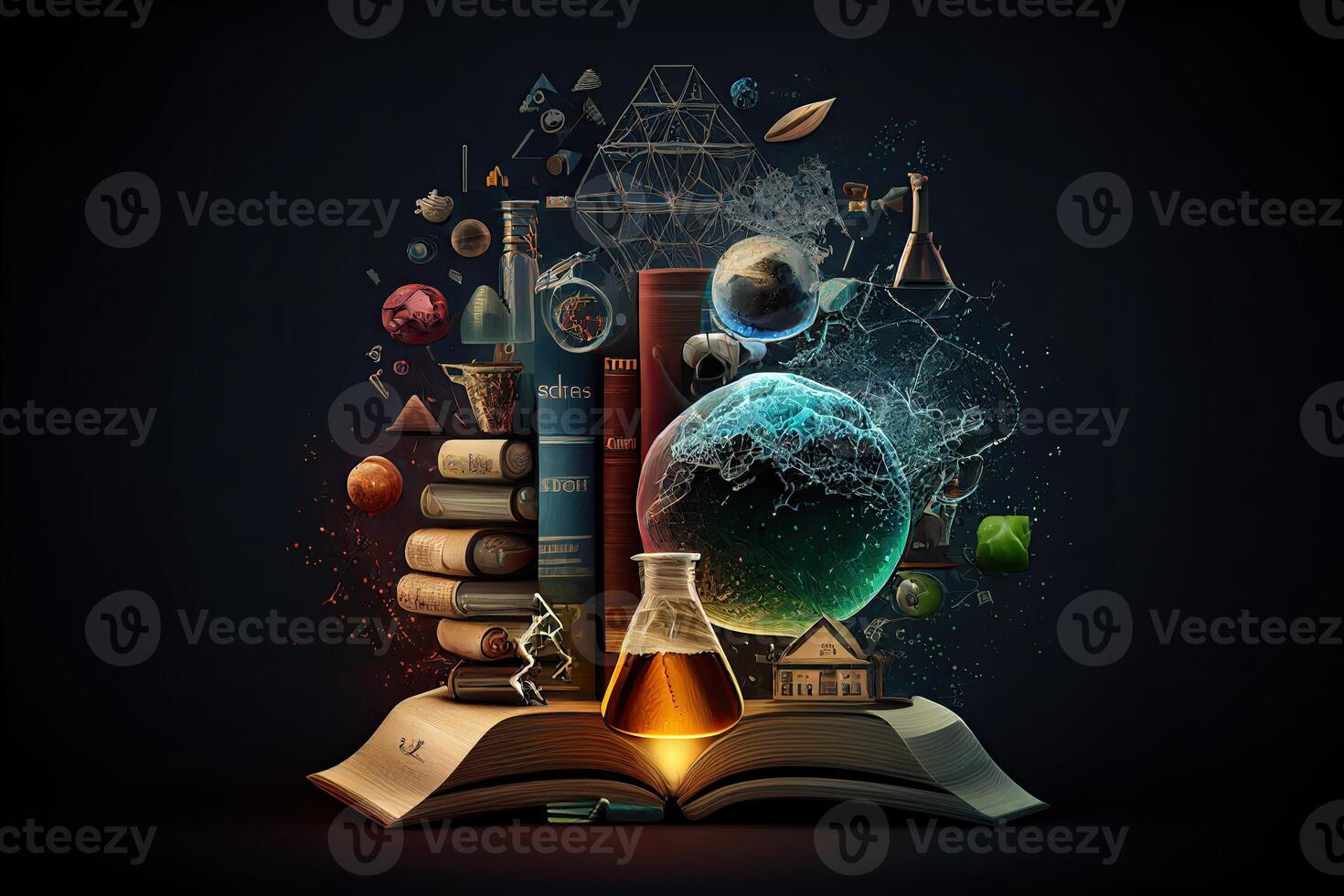 Science background illustration, scientific design. Flasks, glass and chemistry, physics elements. photo