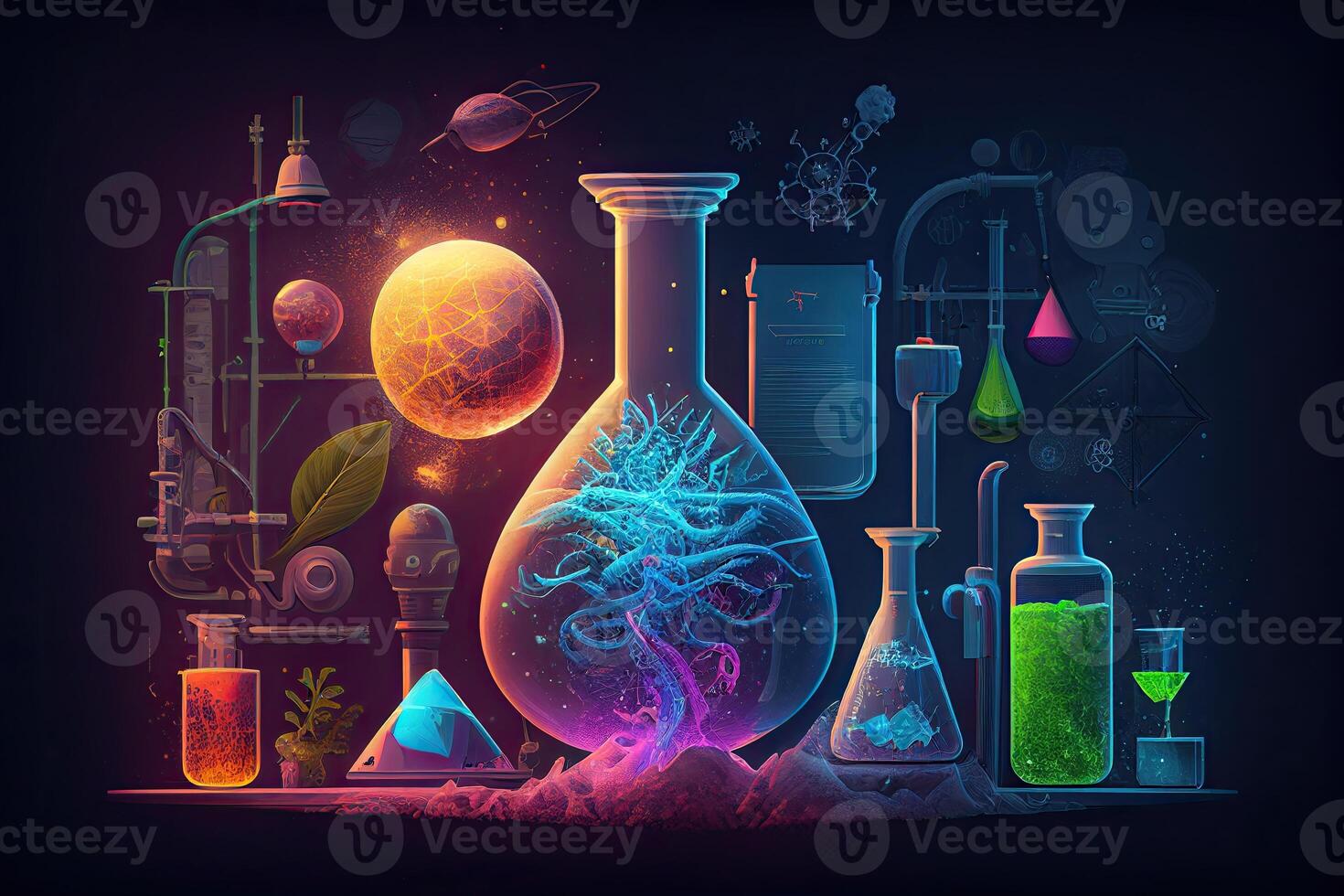 Science background illustration, scientific design. Flasks, glass and chemistry, physics elements. photo