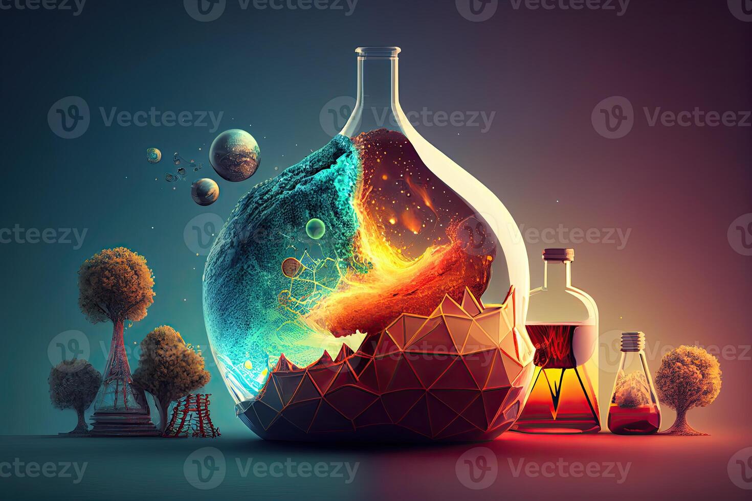 Science background illustration, scientific design. Flasks, glass and chemistry, physics elements. photo