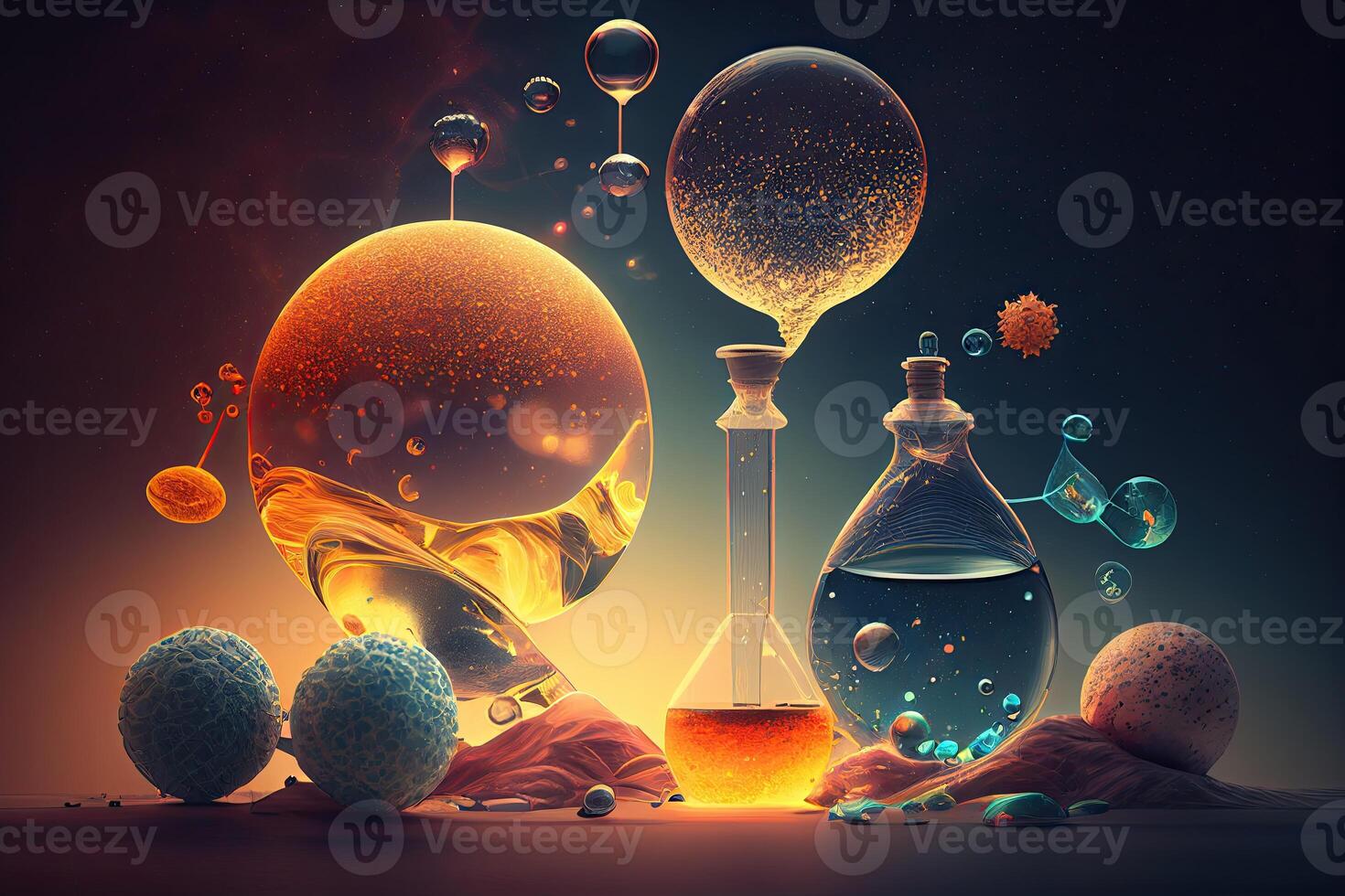 Science background illustration, scientific design. Flasks, glass and chemistry, physics elements. photo