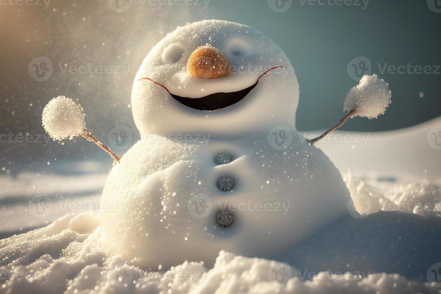 Cheerful snowman outdoors in winter smiling, holiday background photo