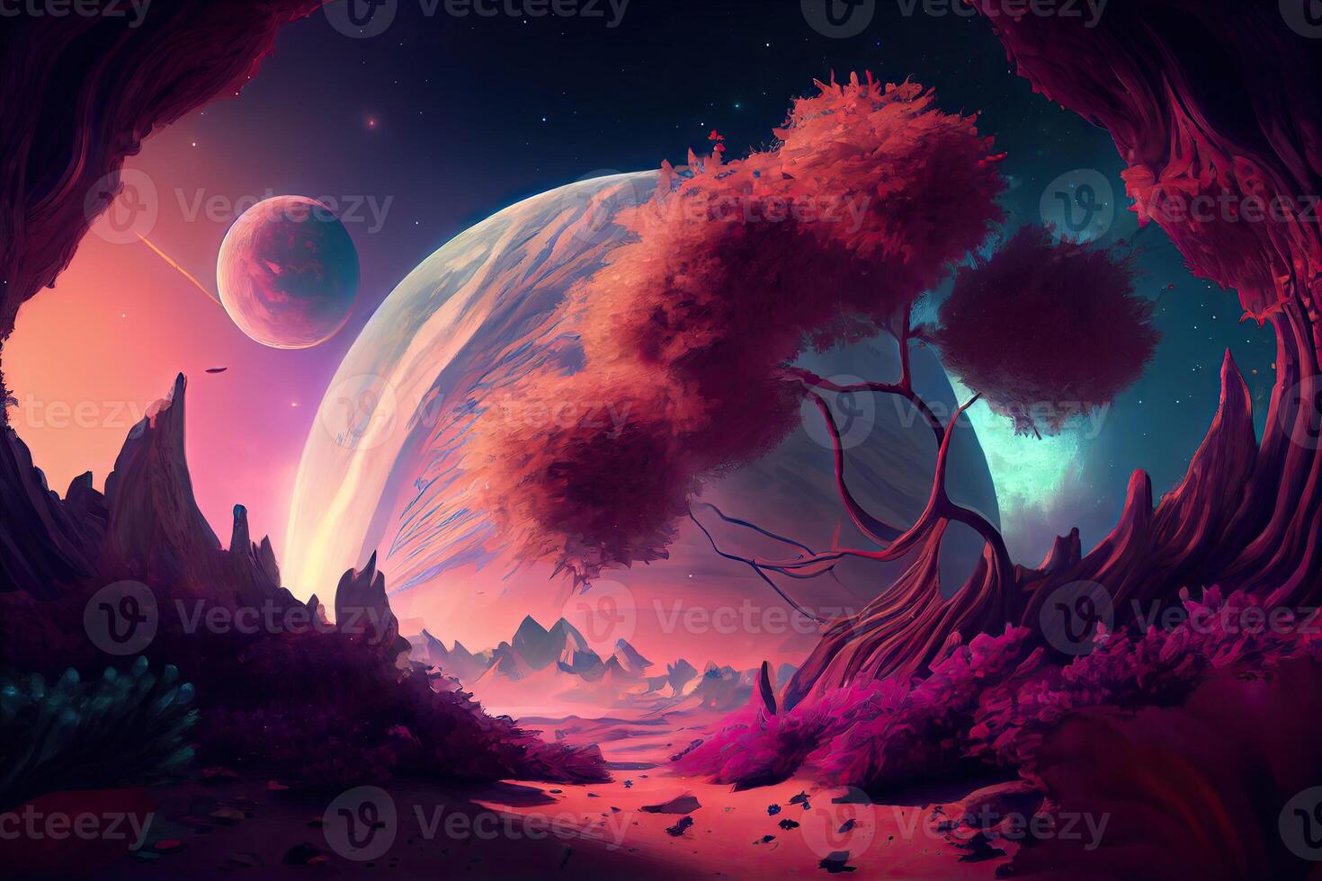 Magic fantasy purple colorful nature background with space sky, moon and planets photo