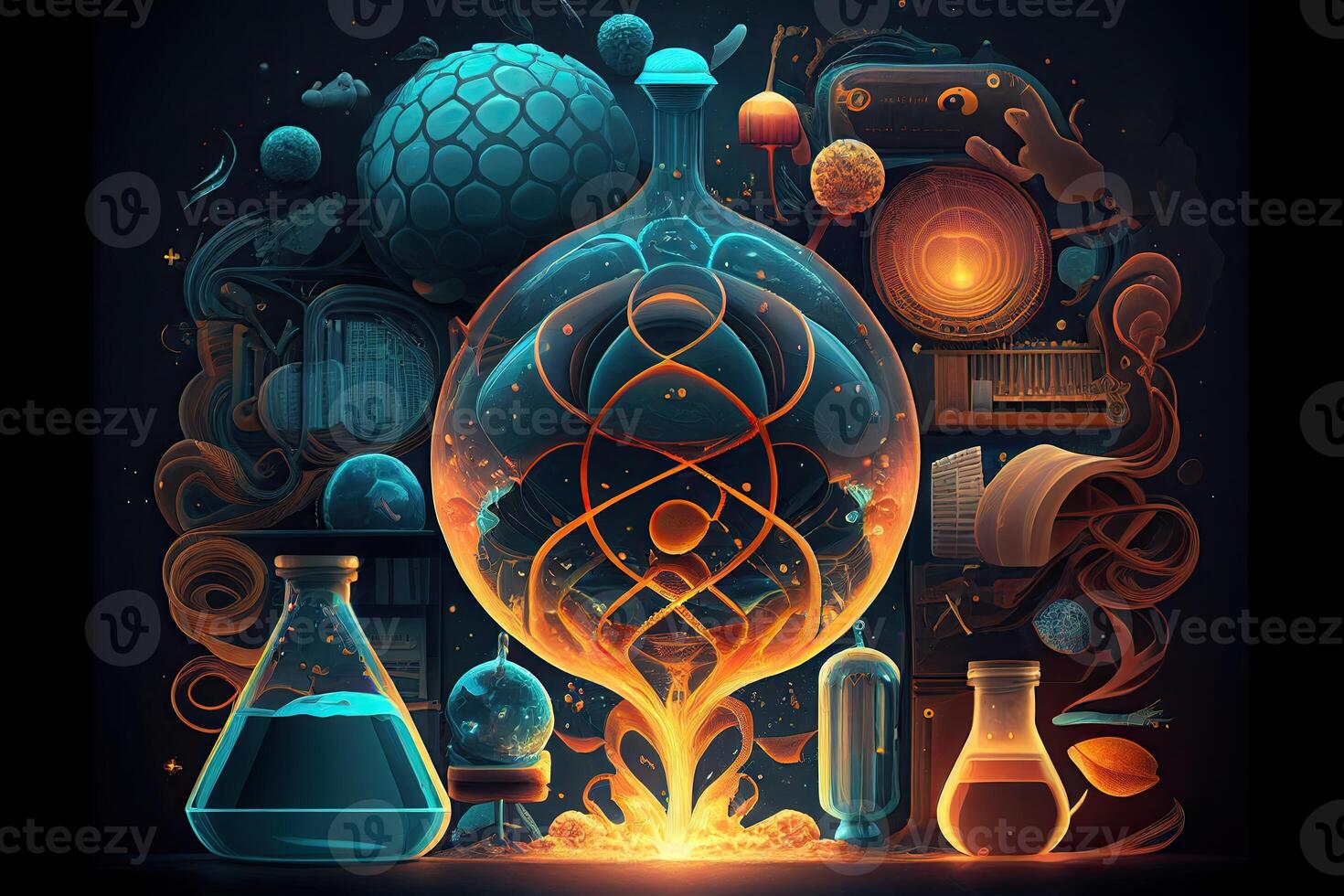 Science background illustration, scientific design. Flasks, glass and