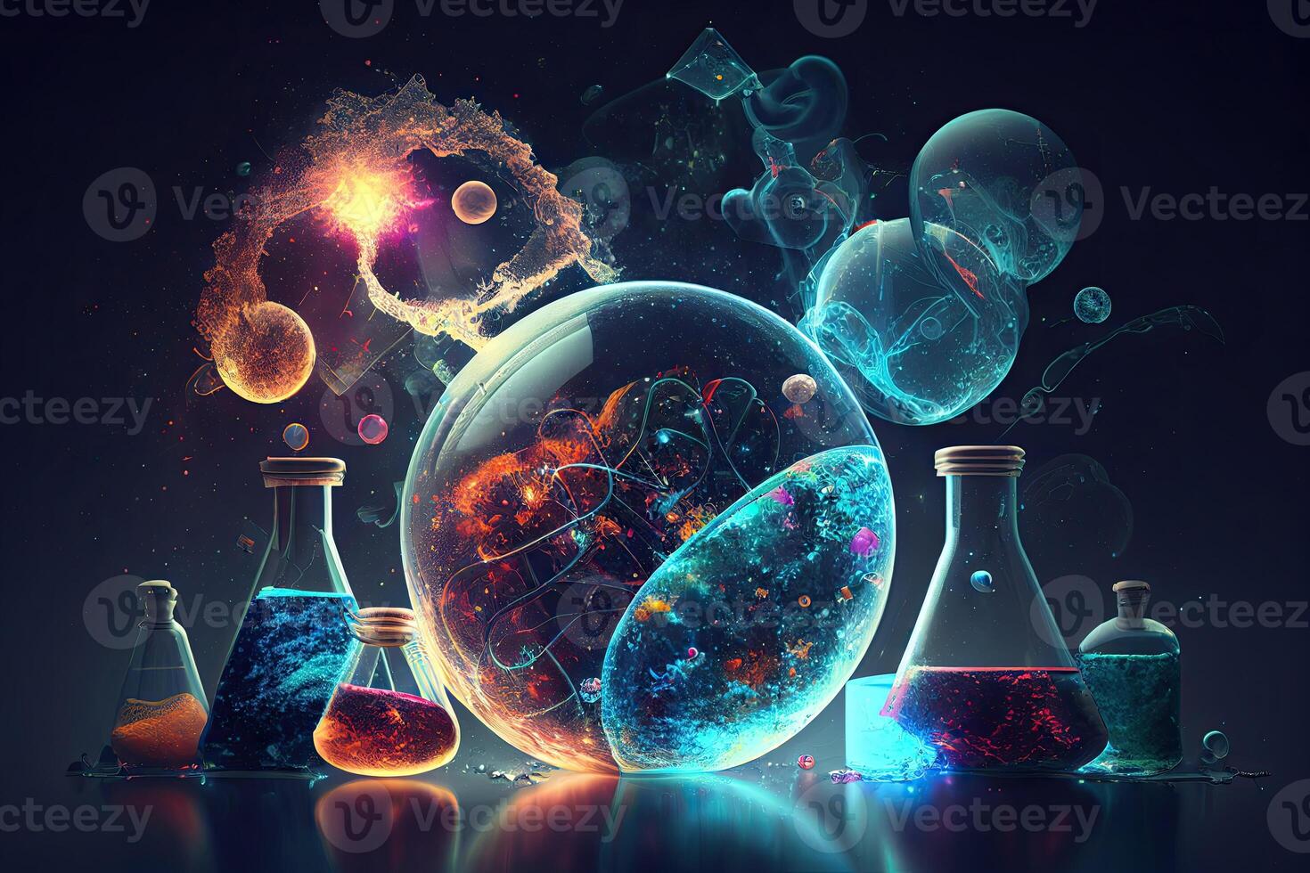 Science background illustration, scientific design. Flasks, glass and chemistry, physics elements. photo