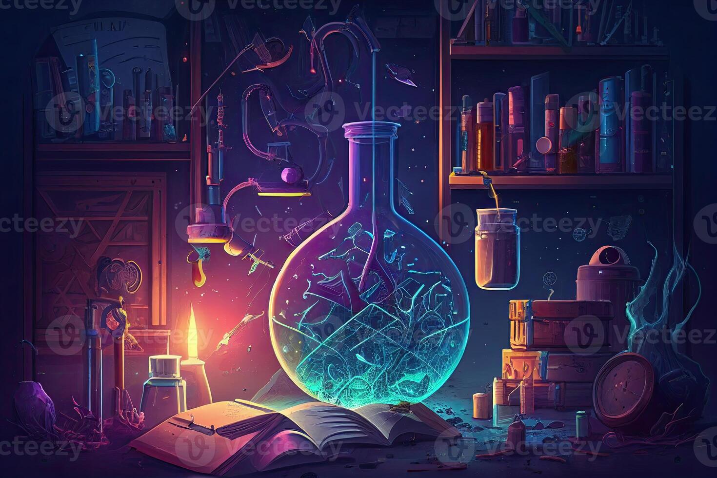 Science background illustration, scientific design. Flasks, glass and