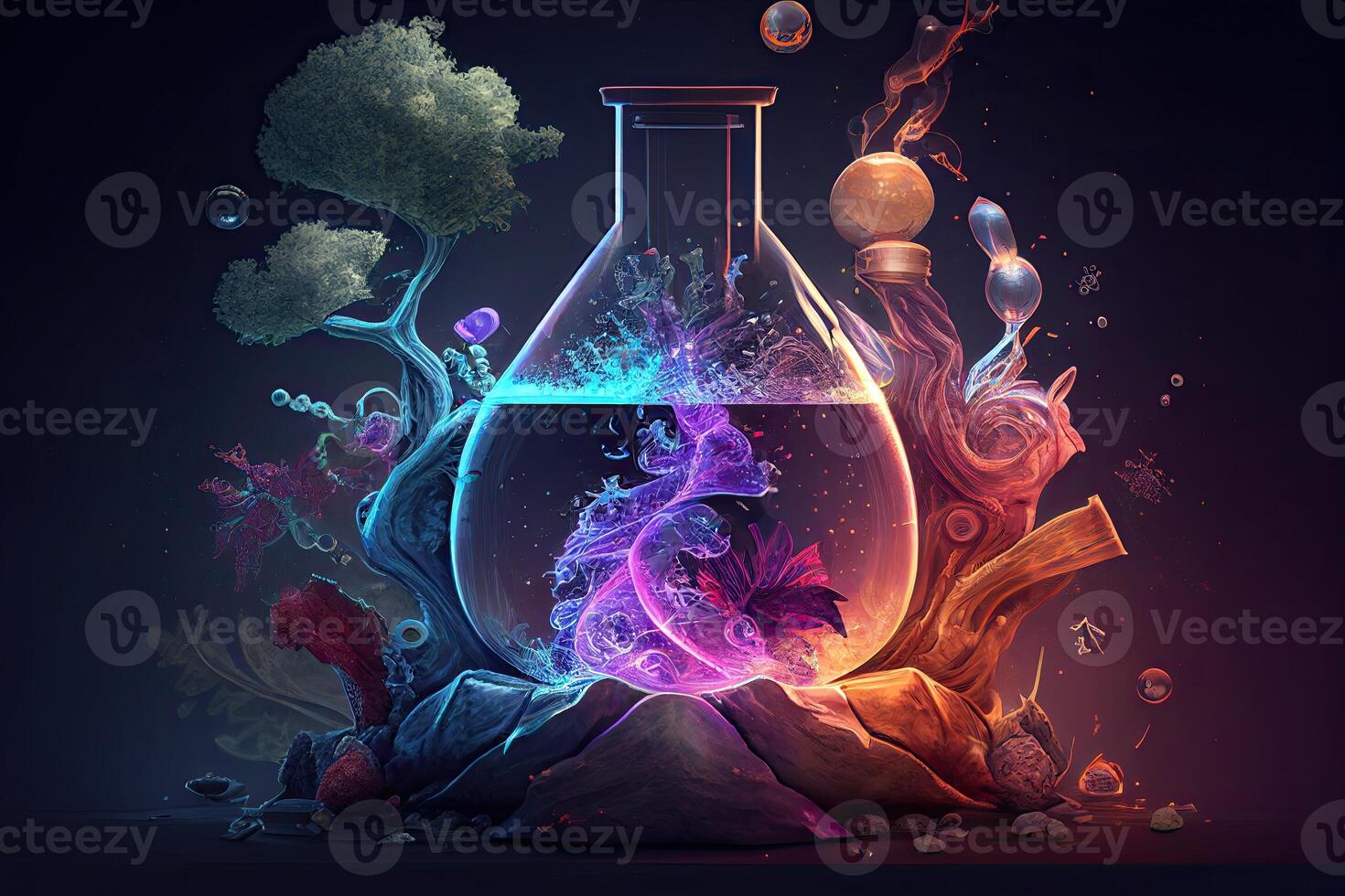 Science background illustration, scientific design. Flasks, glass and chemistry, physics elements. photo