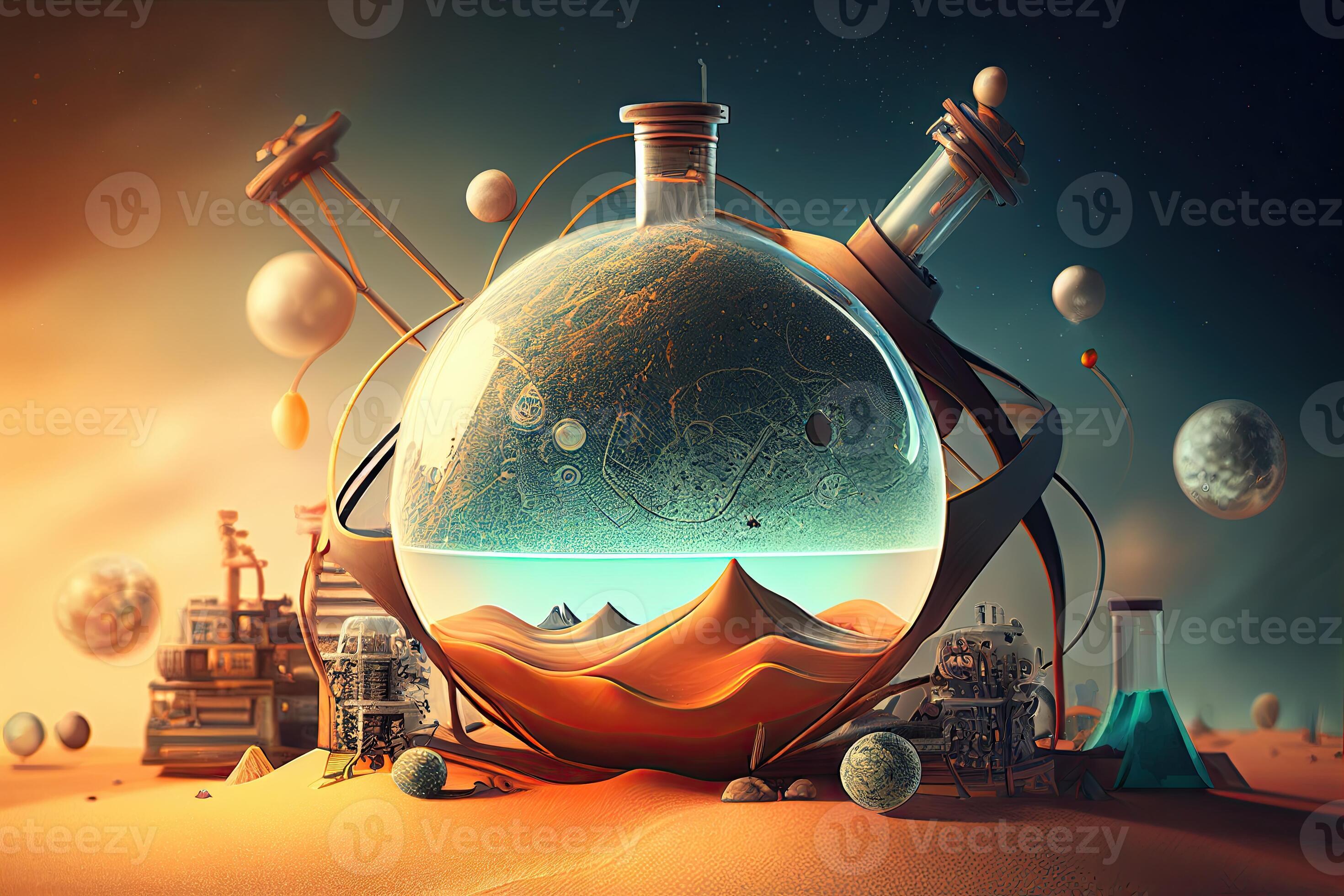 Science background illustration, scientific design. Flasks, glass