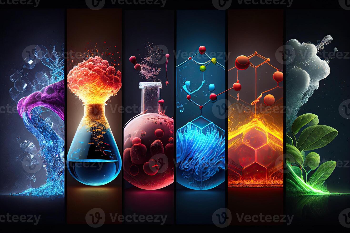 Ciencias antecedentes ilustración, científico diseño. frascos, vaso y química, física elementos. generativo ai foto