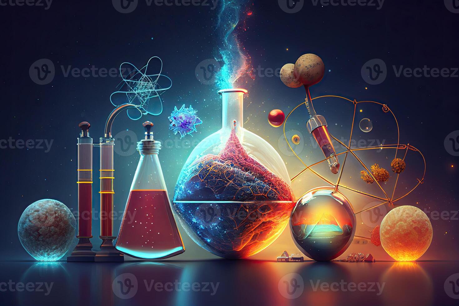 Science background illustration, scientific design. Flasks, glass and chemistry, physics elements. photo