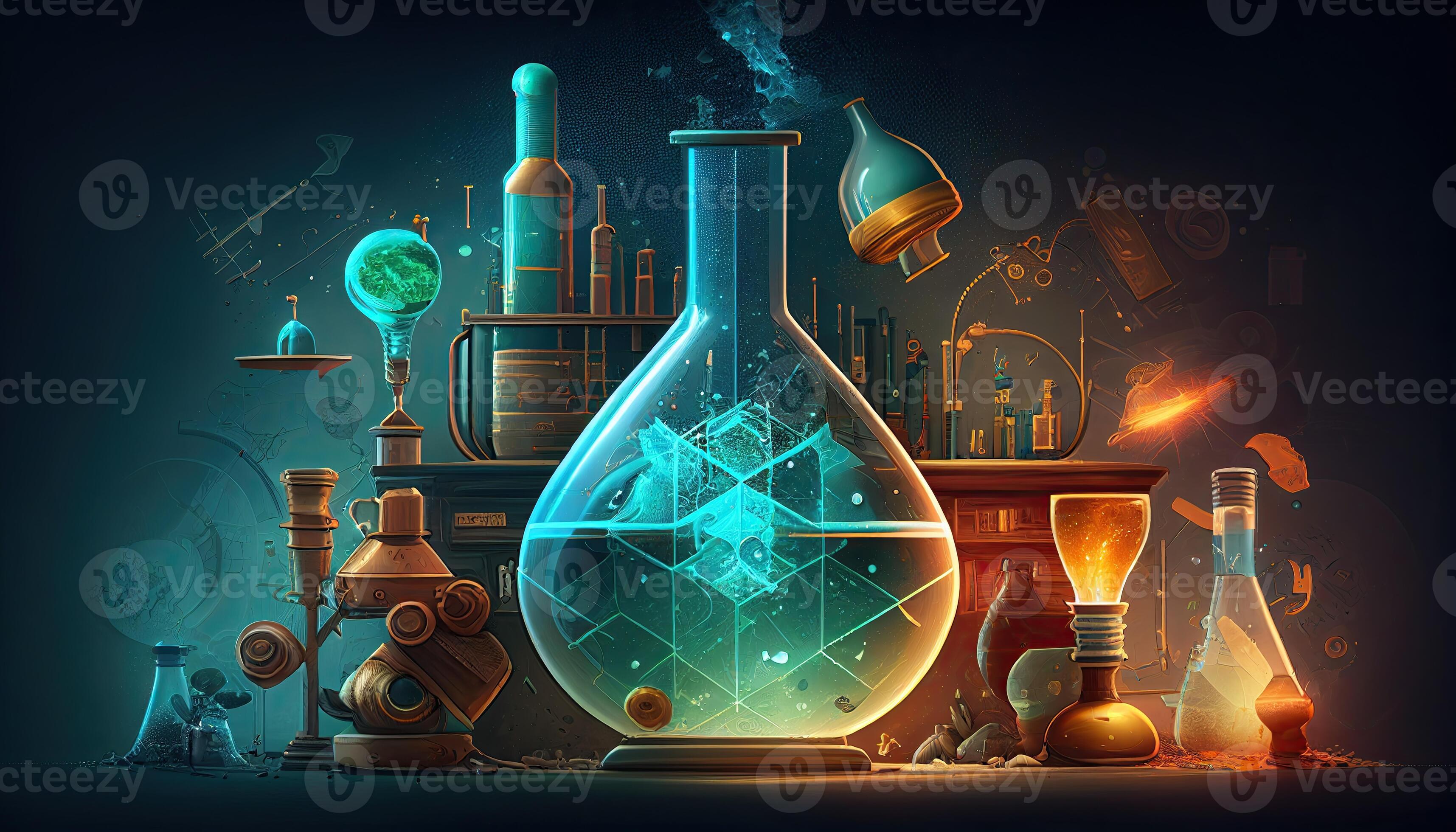 Science background illustration, scientific design. Flasks, glass and