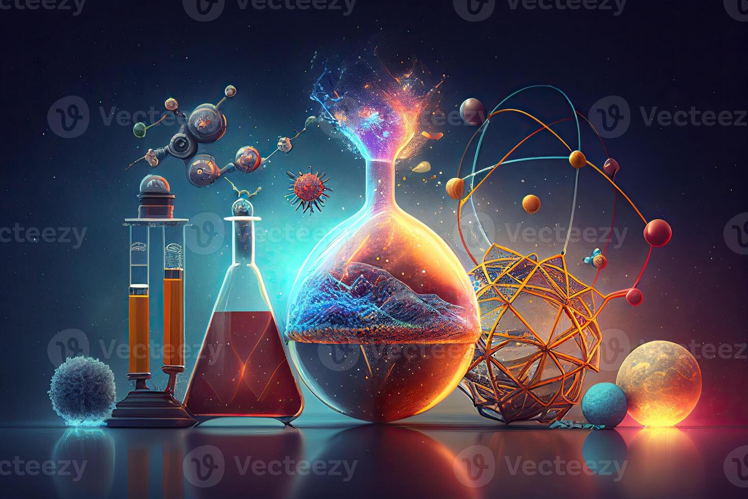 Science background illustration, scientific design. Flasks, glass and chemistry, physics elements. photo