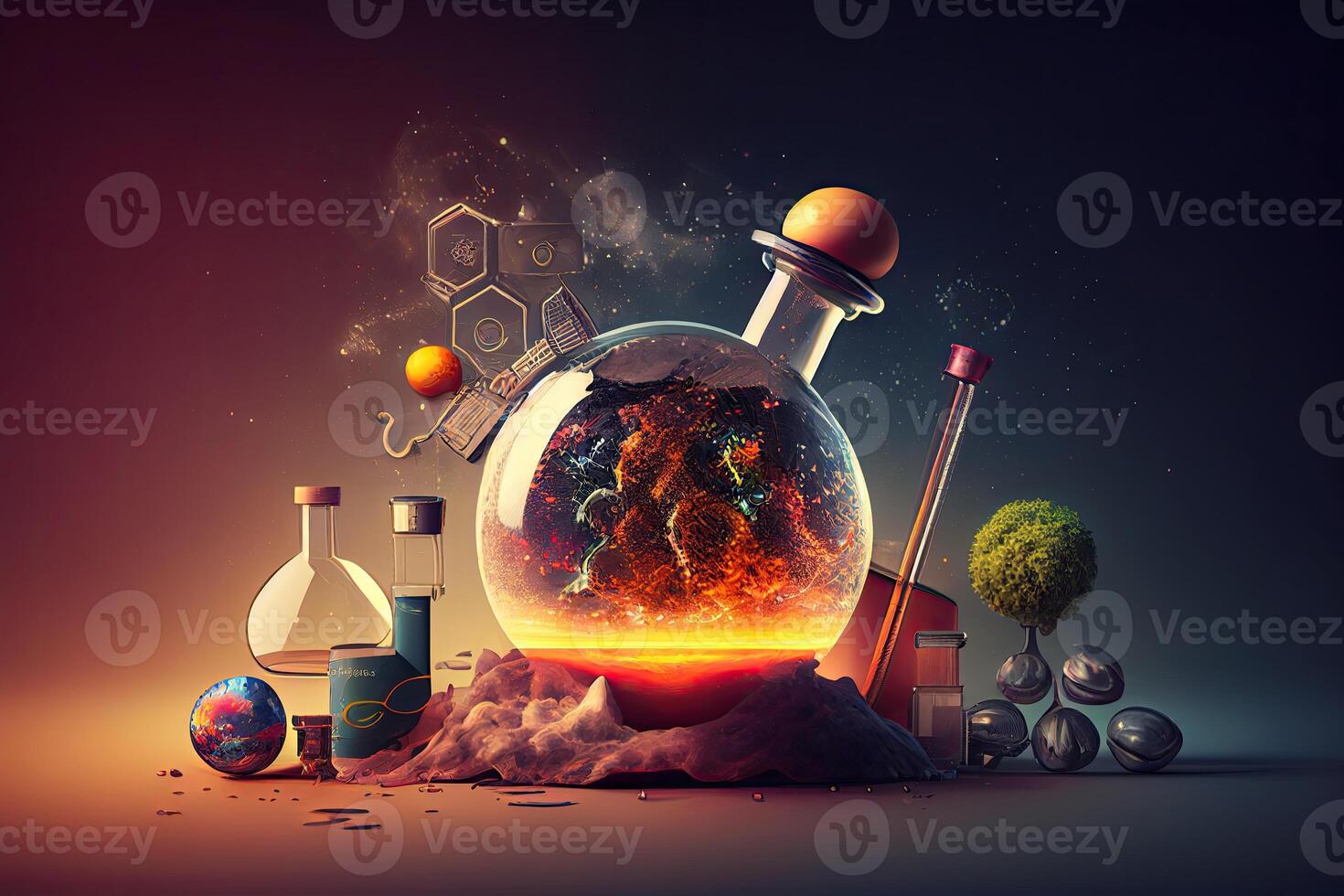 Science background illustration, scientific design. Flasks, glass and chemistry, physics elements. photo