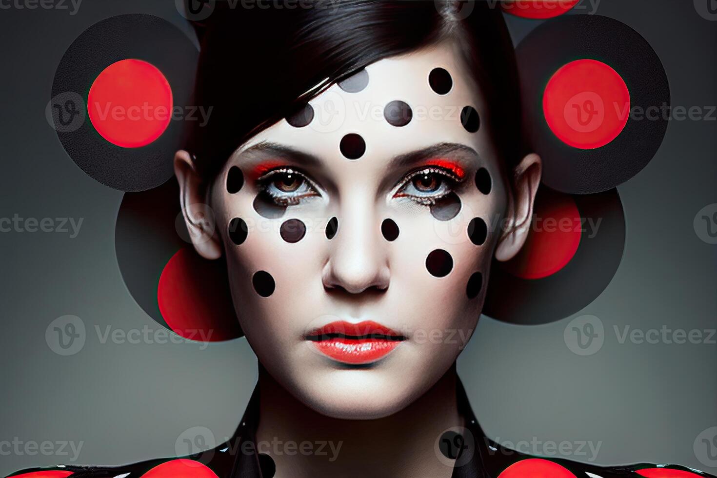 Artistic portrait of female, polkadot pattern background illustration, photo