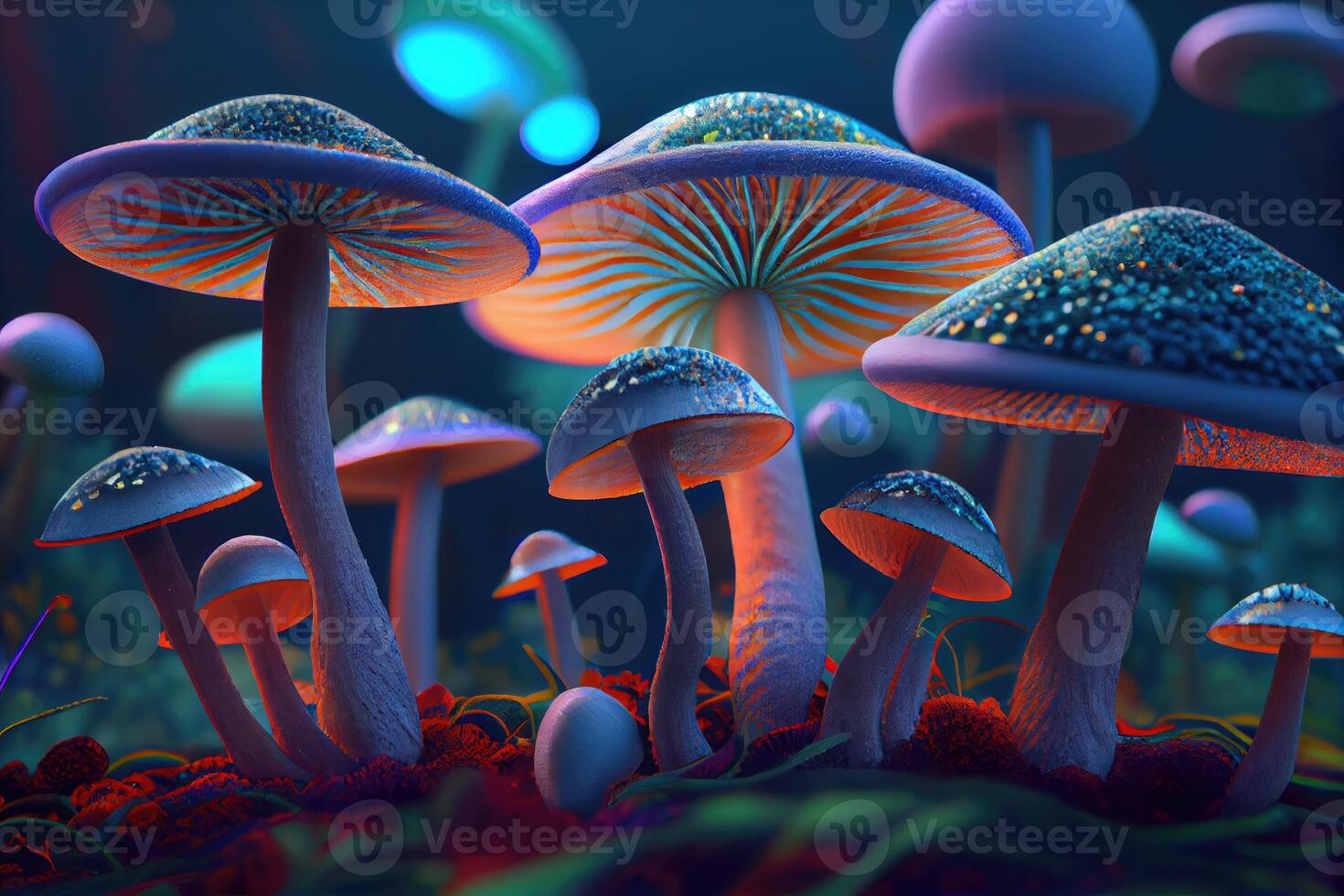 Psychedelic mushrooms grow outdoor at night photo