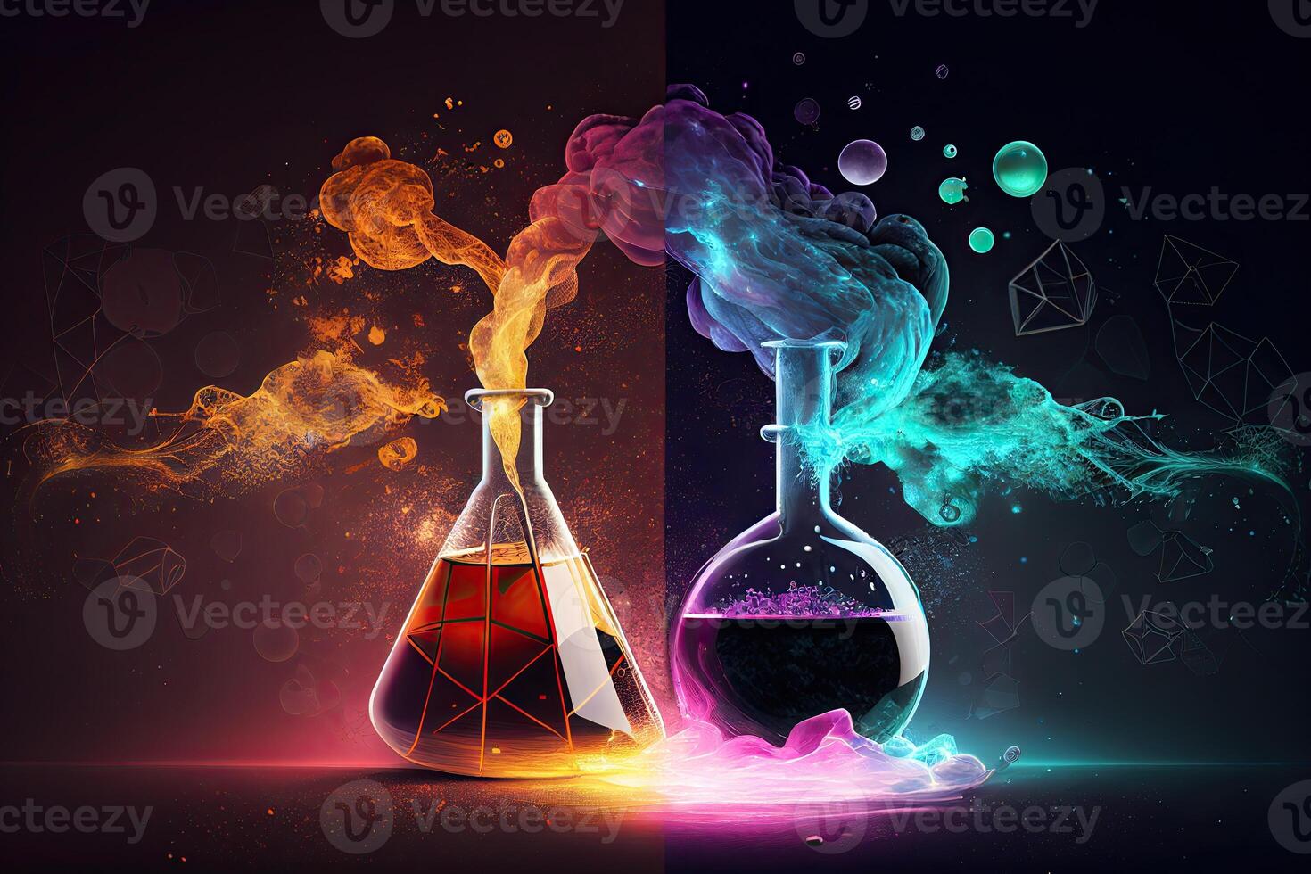 Science background illustration, scientific design. Flasks, glass and chemistry, physics elements. photo