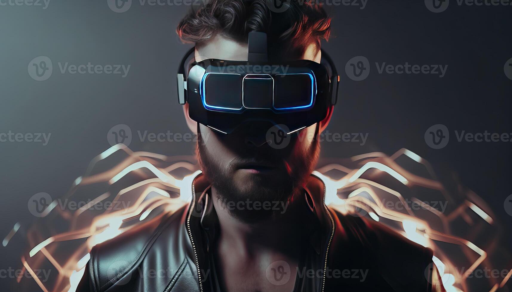 Person wears VR, metaverse illustration. Virtual Reality, man with glasses. Technology of future, photo