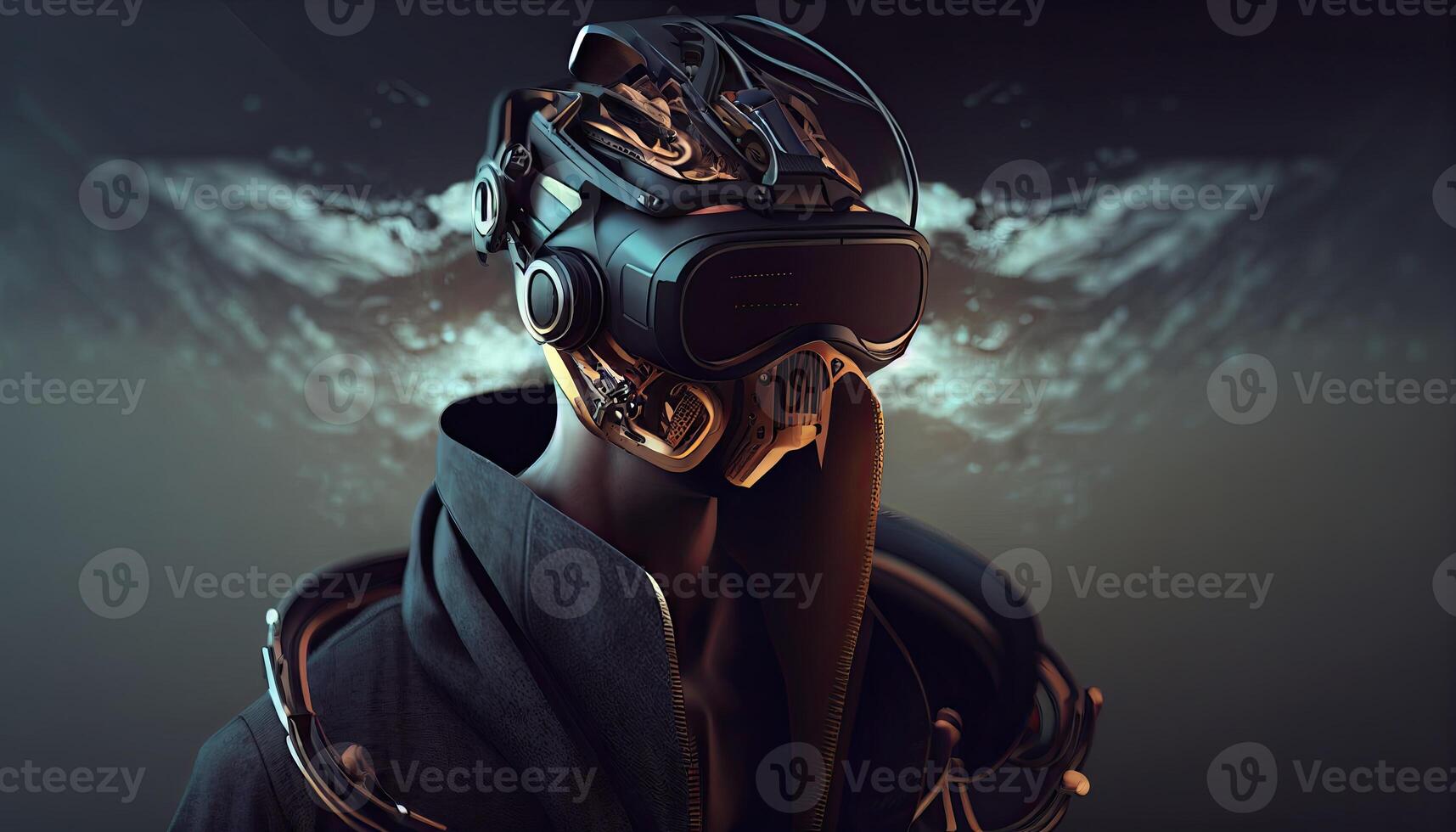 Person wears VR, metaverse illustration. Virtual Reality, man with glasses. Technology of future, photo