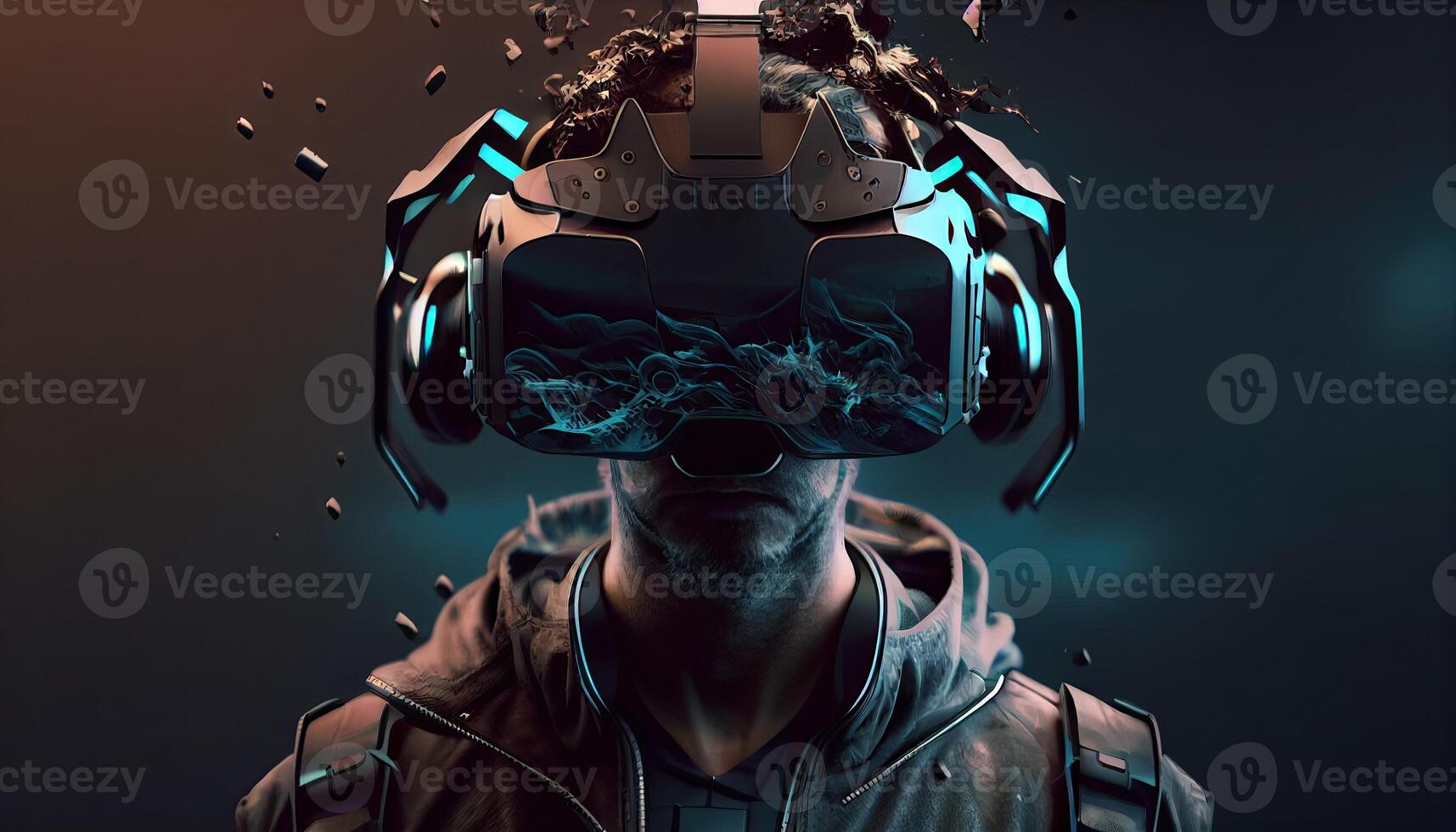 Person wears VR, metaverse illustration. Virtual Reality, man with glasses. Technology of future, photo