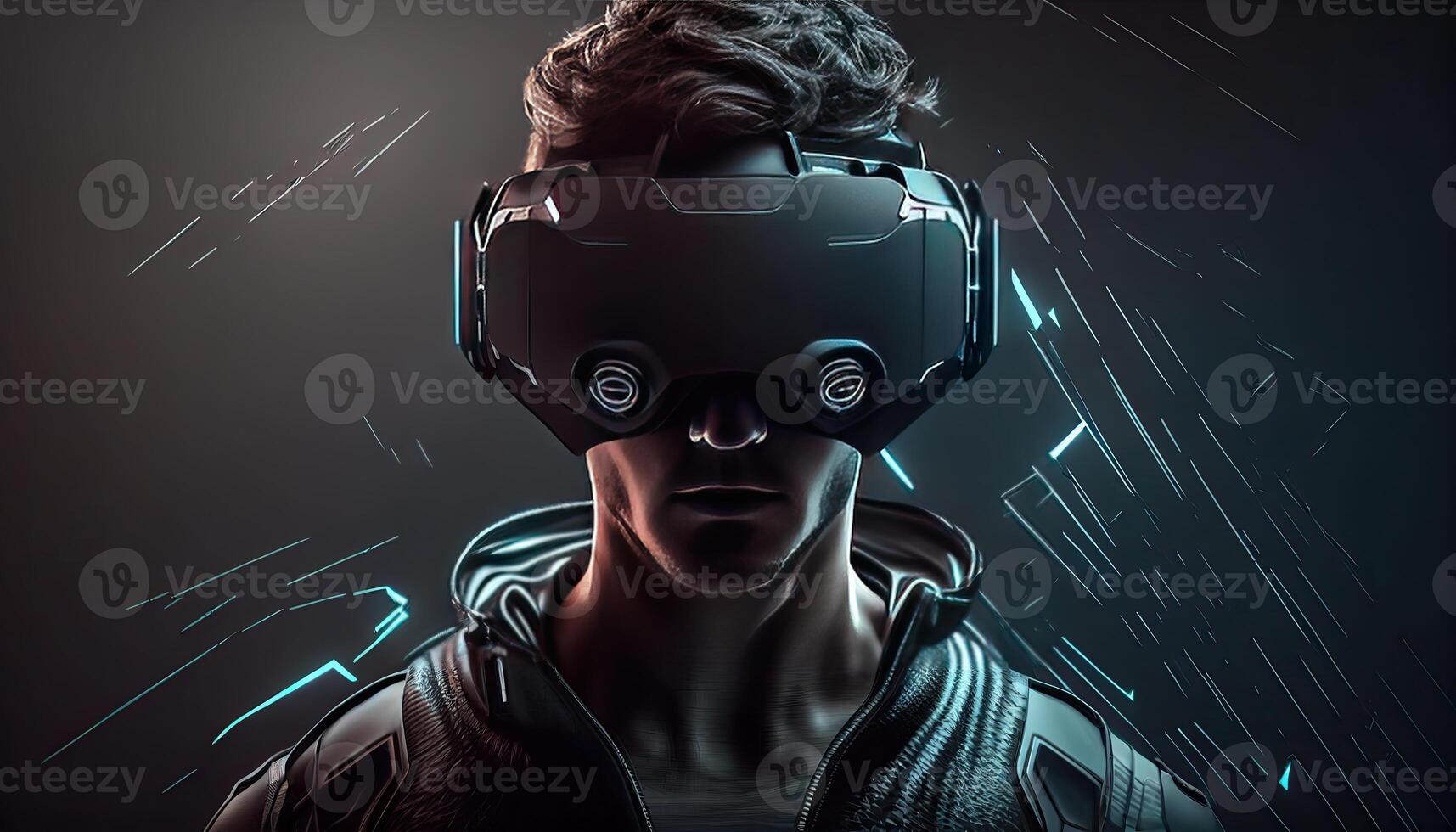 Person wears VR, metaverse illustration. Virtual Reality, man with glasses. Technology of future, photo