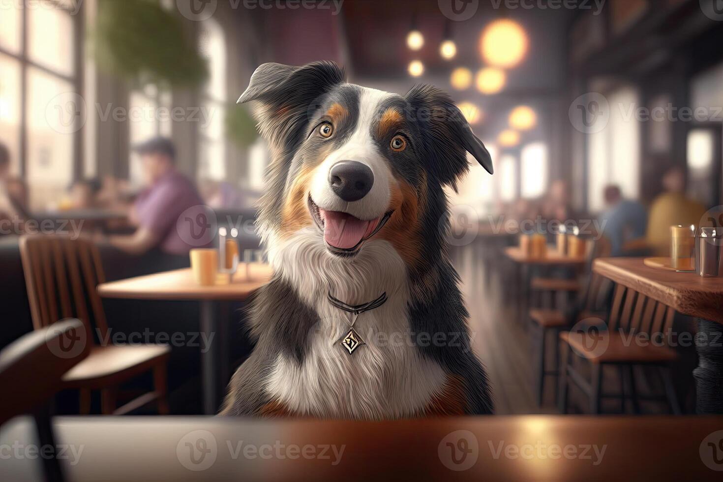 Cute dog in cafe portrait, happy and funny look photo