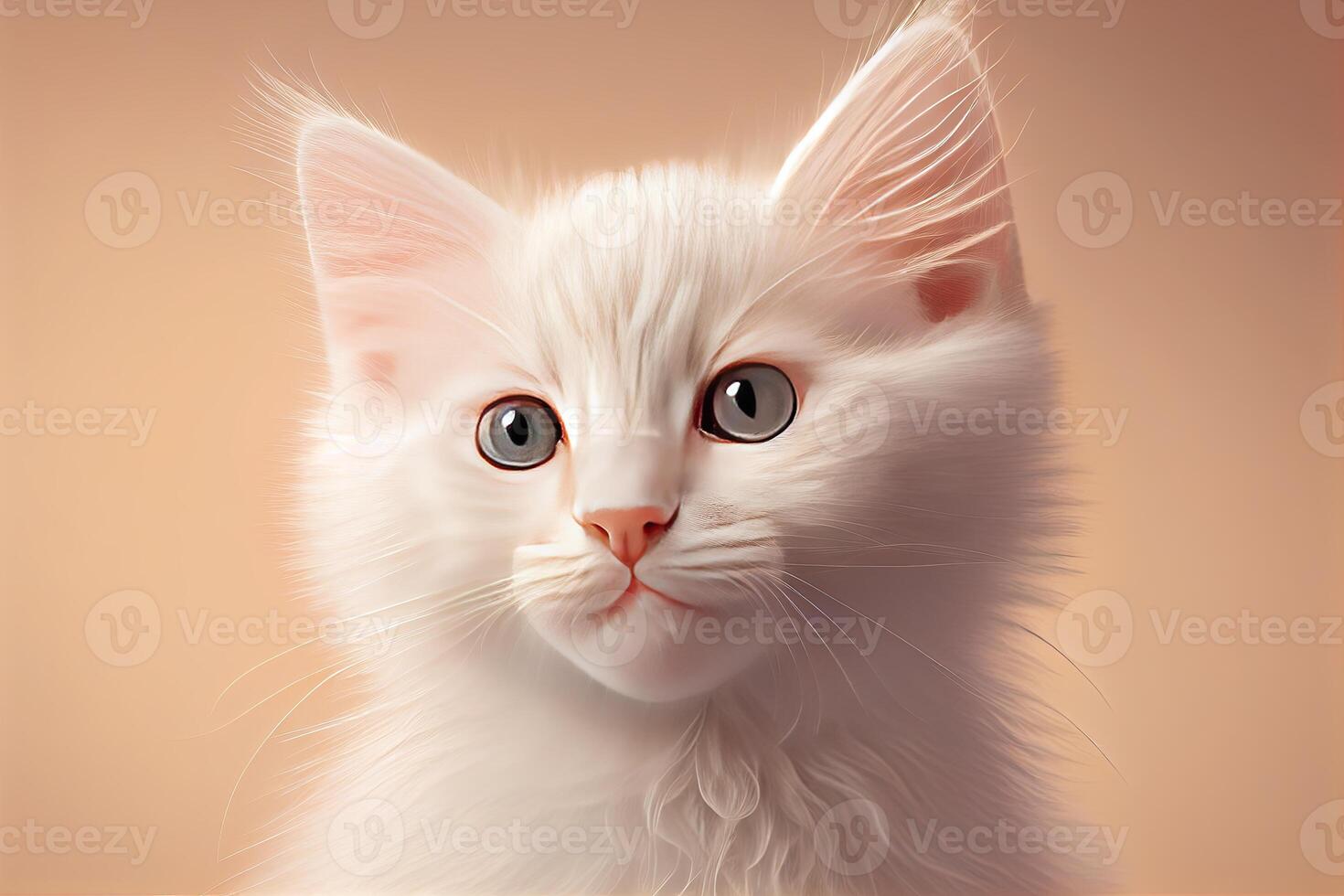 Kitten head portrait, white little cat on beige background, cute look, photo