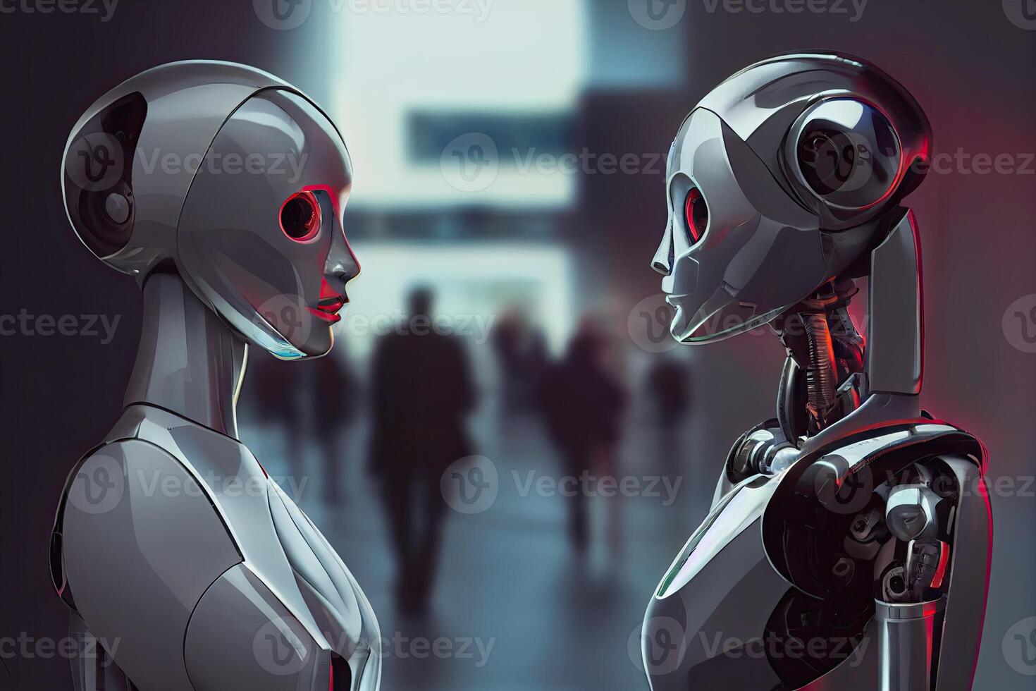 Two robots talking, technology communication. Machine learning, generative ai 22006810 Stock