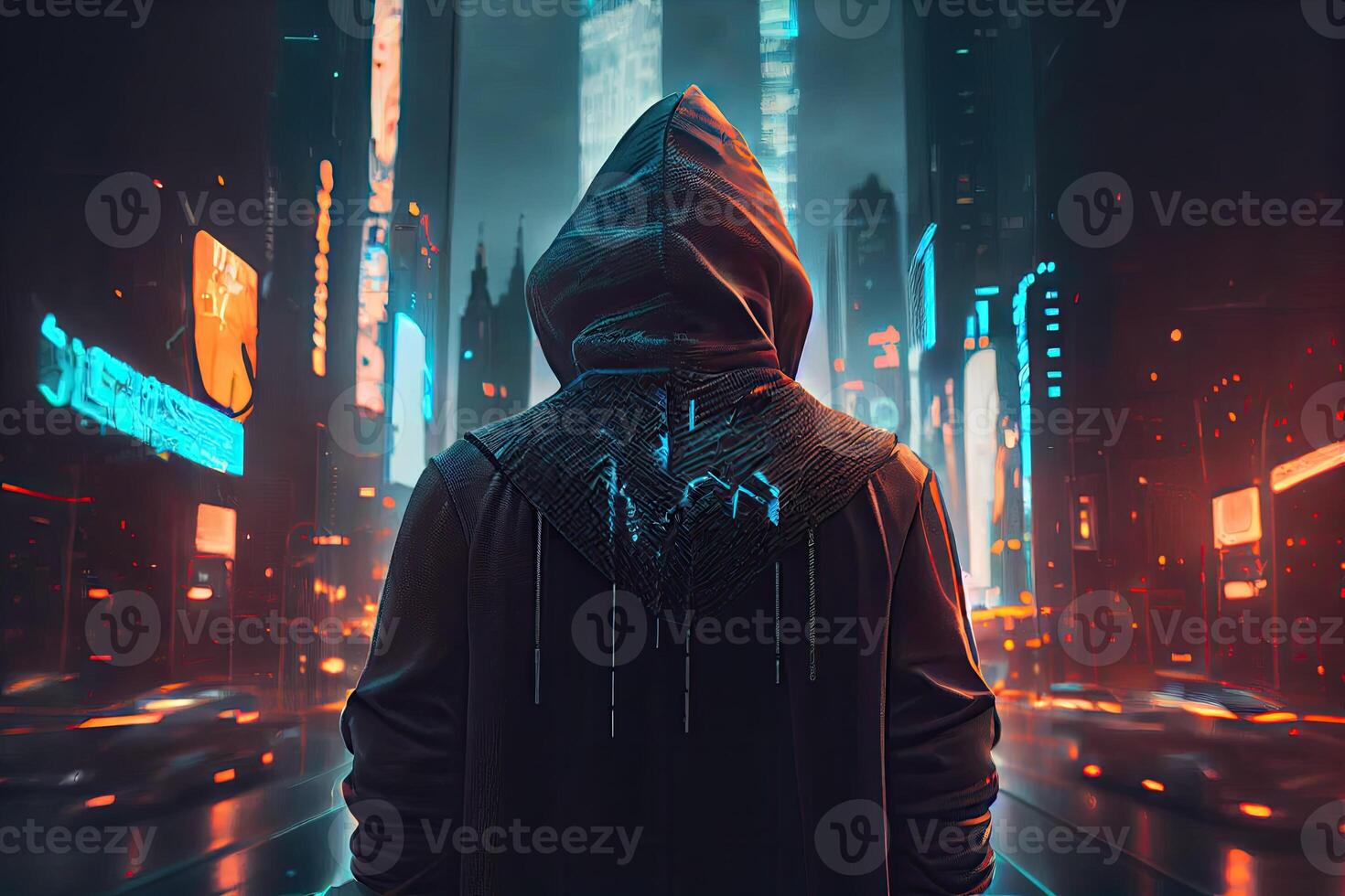 persona en capucha en ciudad de futuro, cyberpunk antecedentes. hombre vistiendo capucha, ciber hacker utilizando ai a cortar a tajos, neón luces al aire libre generativo ai foto