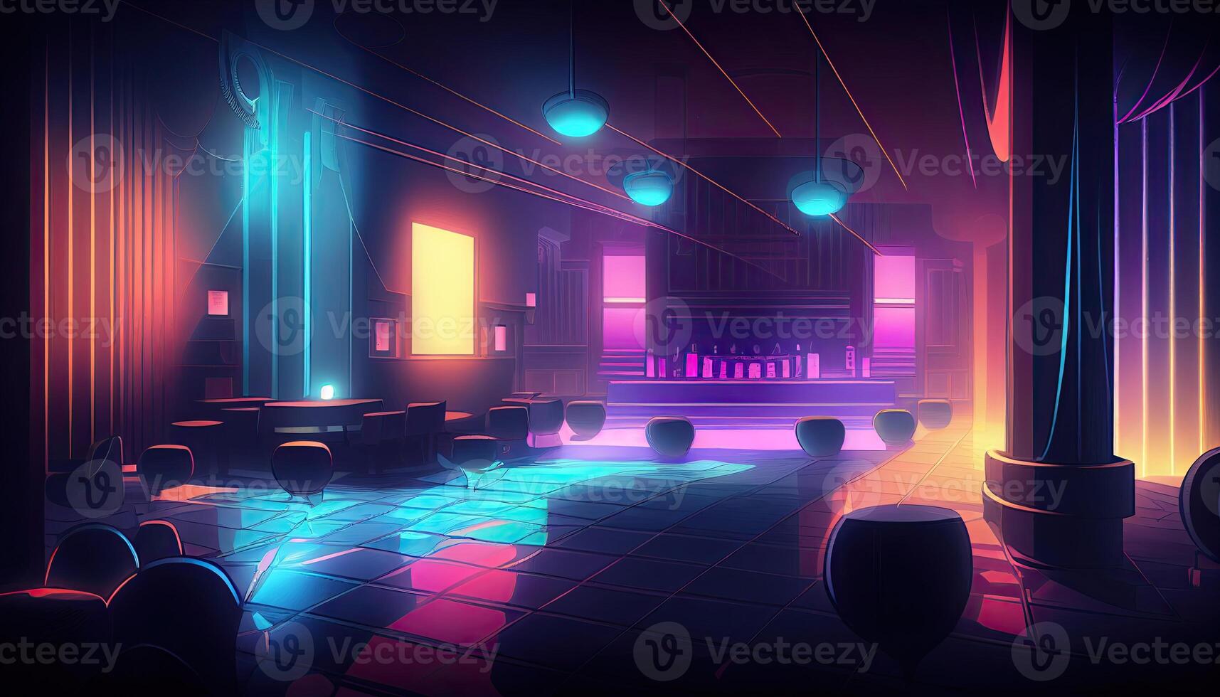 Night club background indoor interior, neon lights glow purple backdrop photo