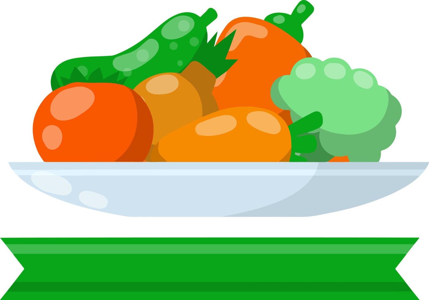 Cartoon flat illustration. Fresh natural village products. Tomato and pepper, onion with cucumber, broccoli, carrot vector